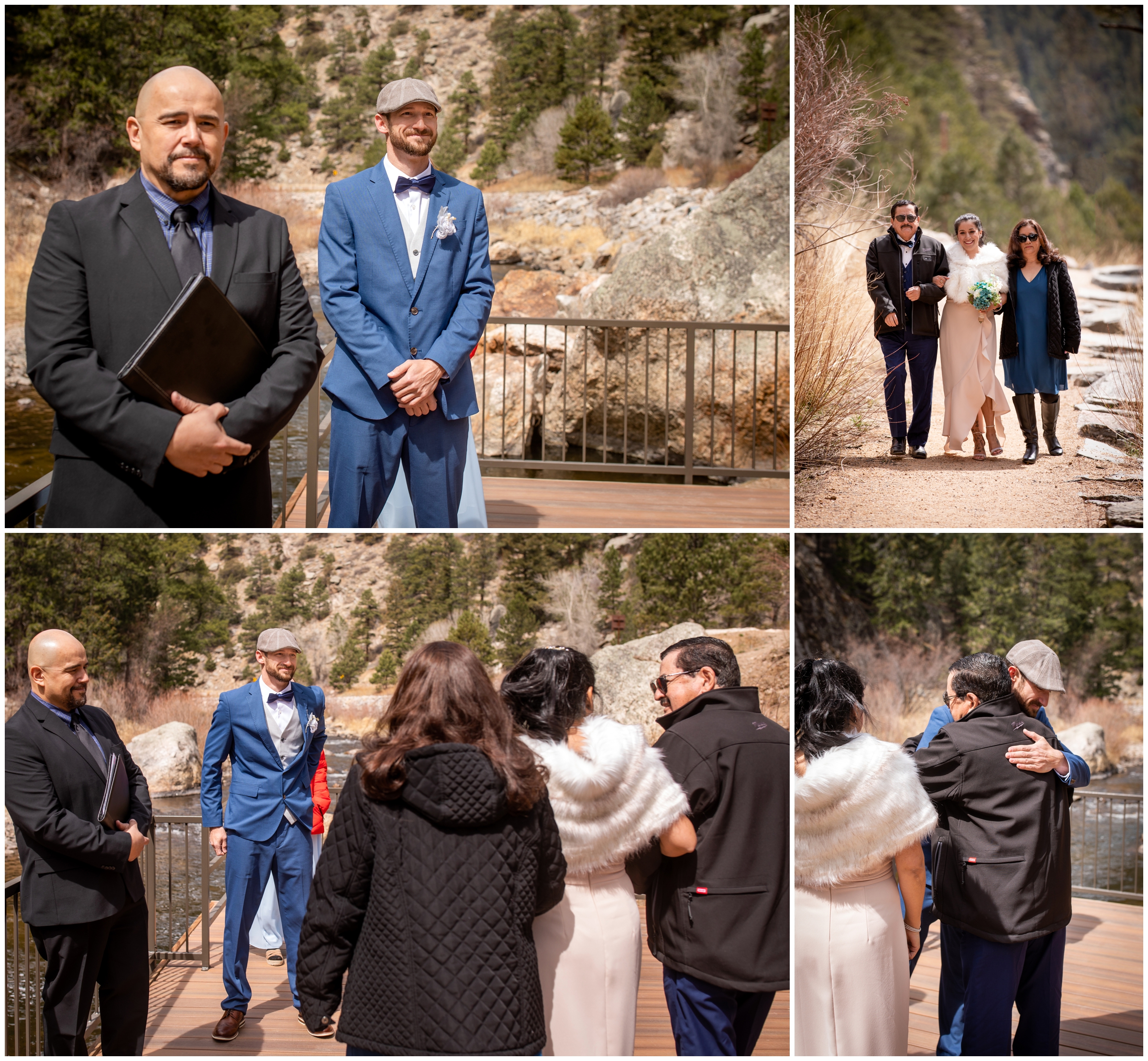 bride walking down the aisle during intimate river wedding in Poudre Canyon in Loveland Colorado