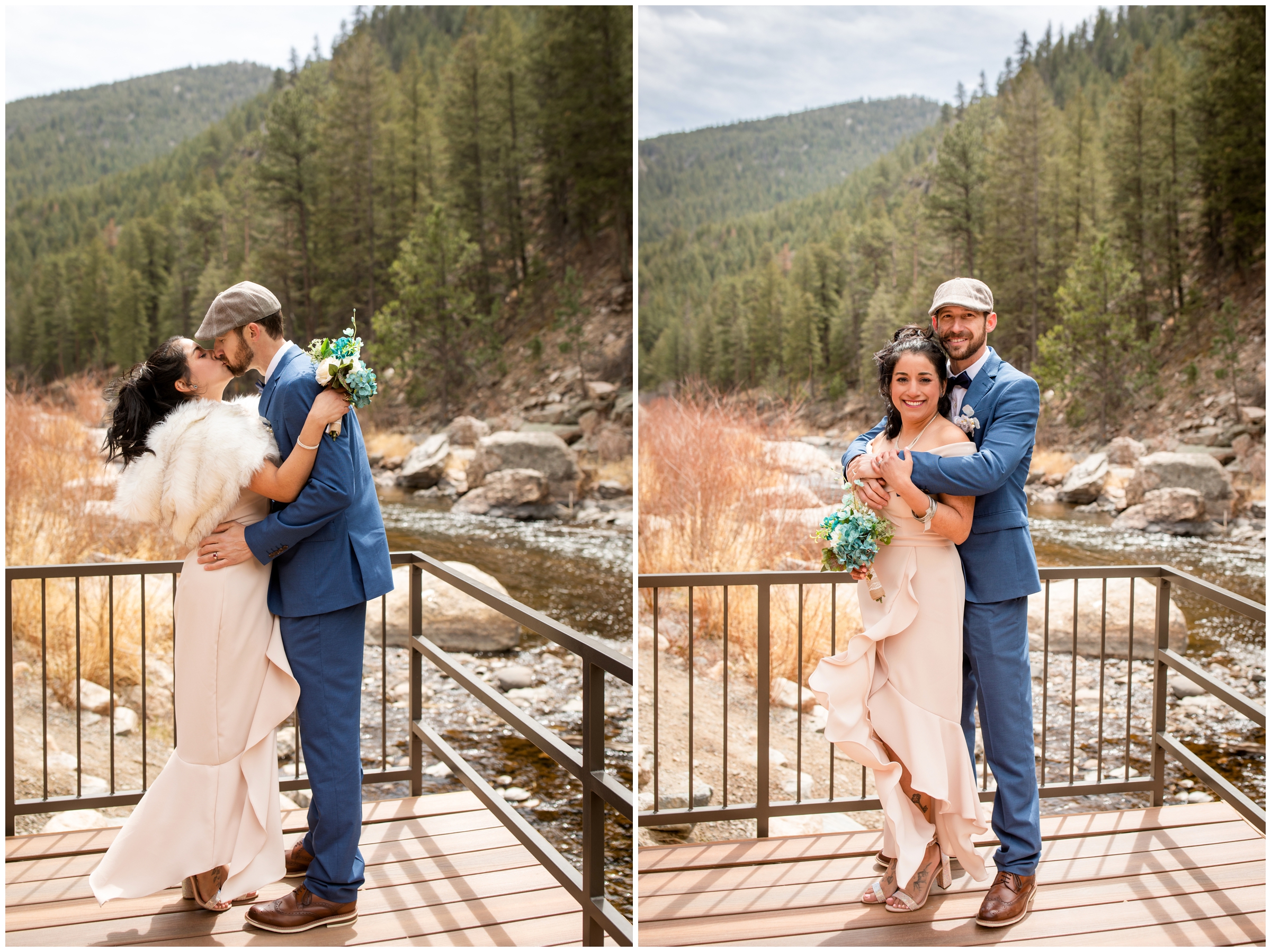 couple kissing in front of Big Thompson River during intimate Loveland Colorado wedding photos