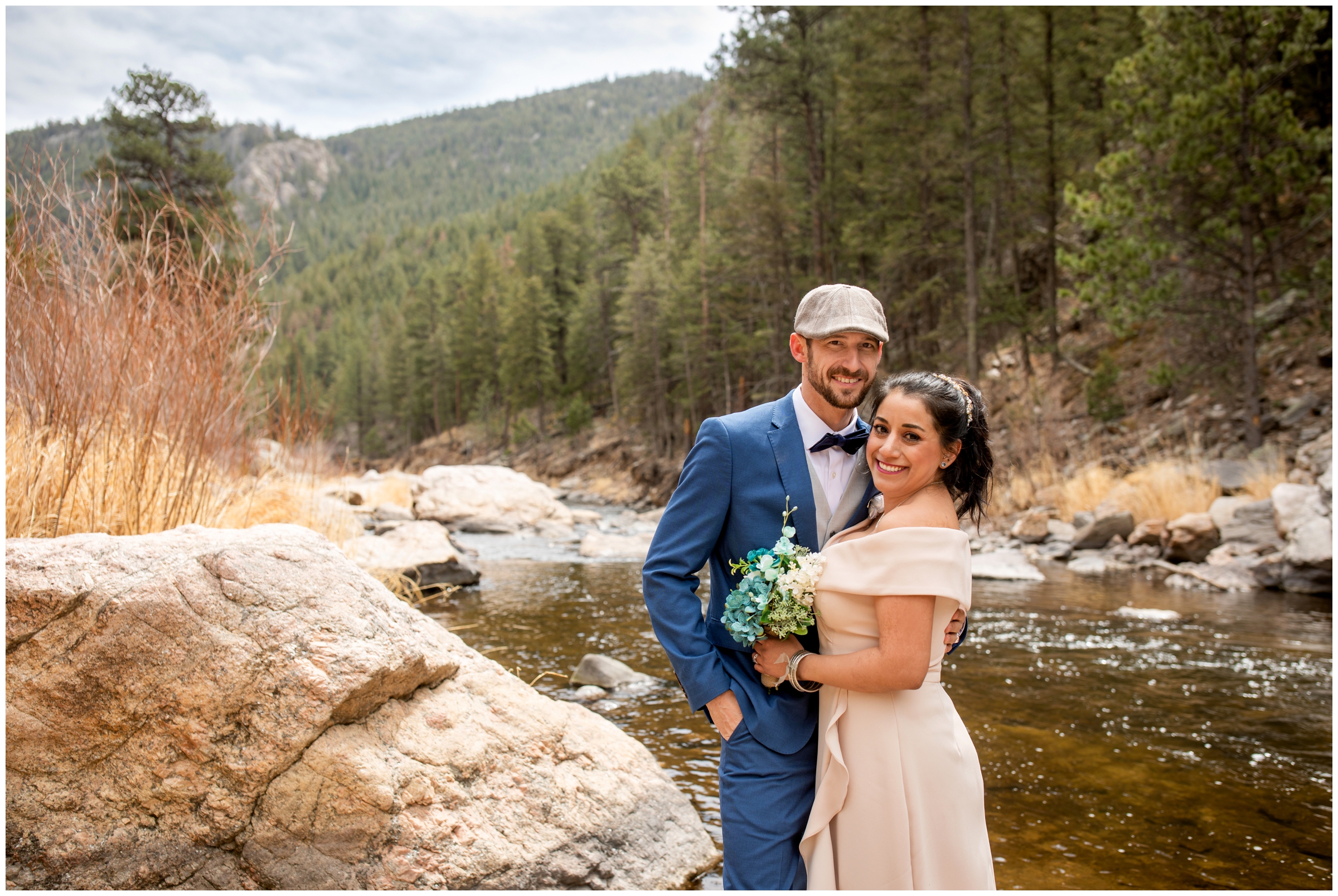 Loveland Colorado wedding photos by the river in Big Thompson Canyon during spring by elopement photographer Plum Pretty Photography