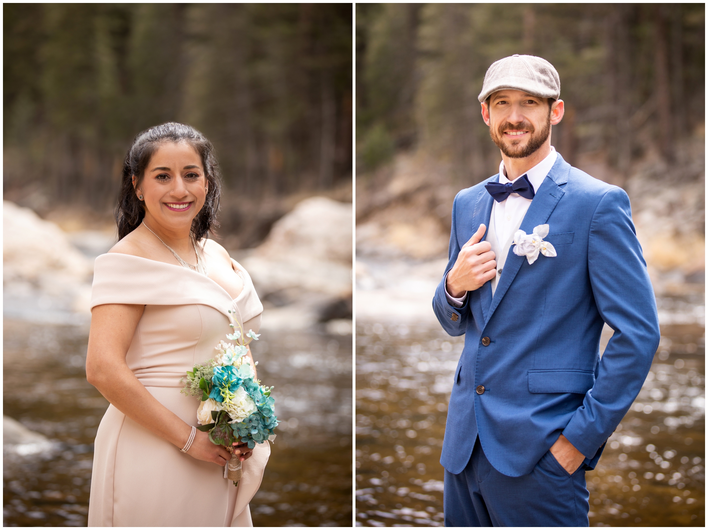 bride in light peach dress posing next to river during elopement wedding portraits in Colorado mountains