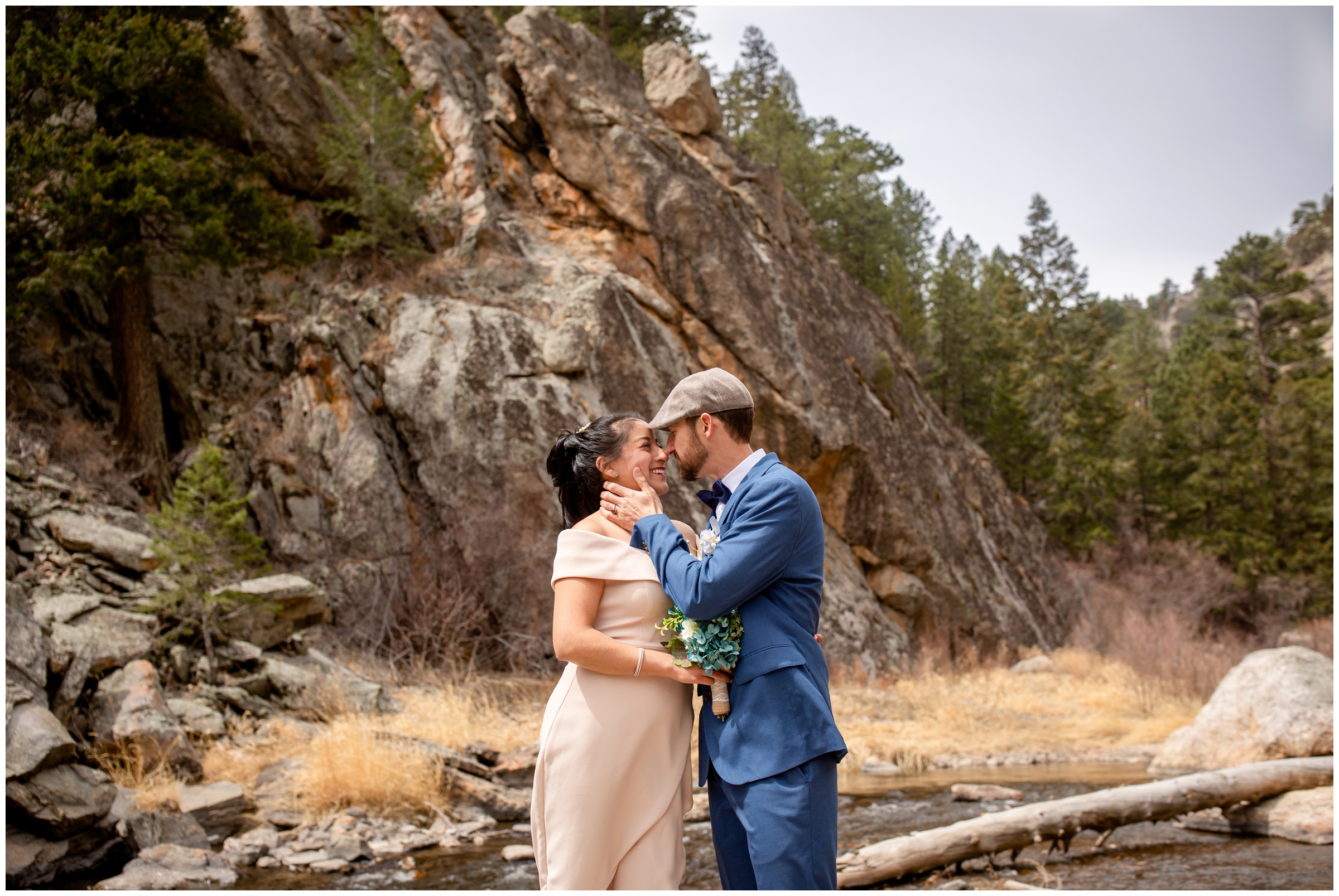 Loveland Colorado wedding photos by the river in Big Thompson Canyon during spring by elopement photographer Plum Pretty Photography