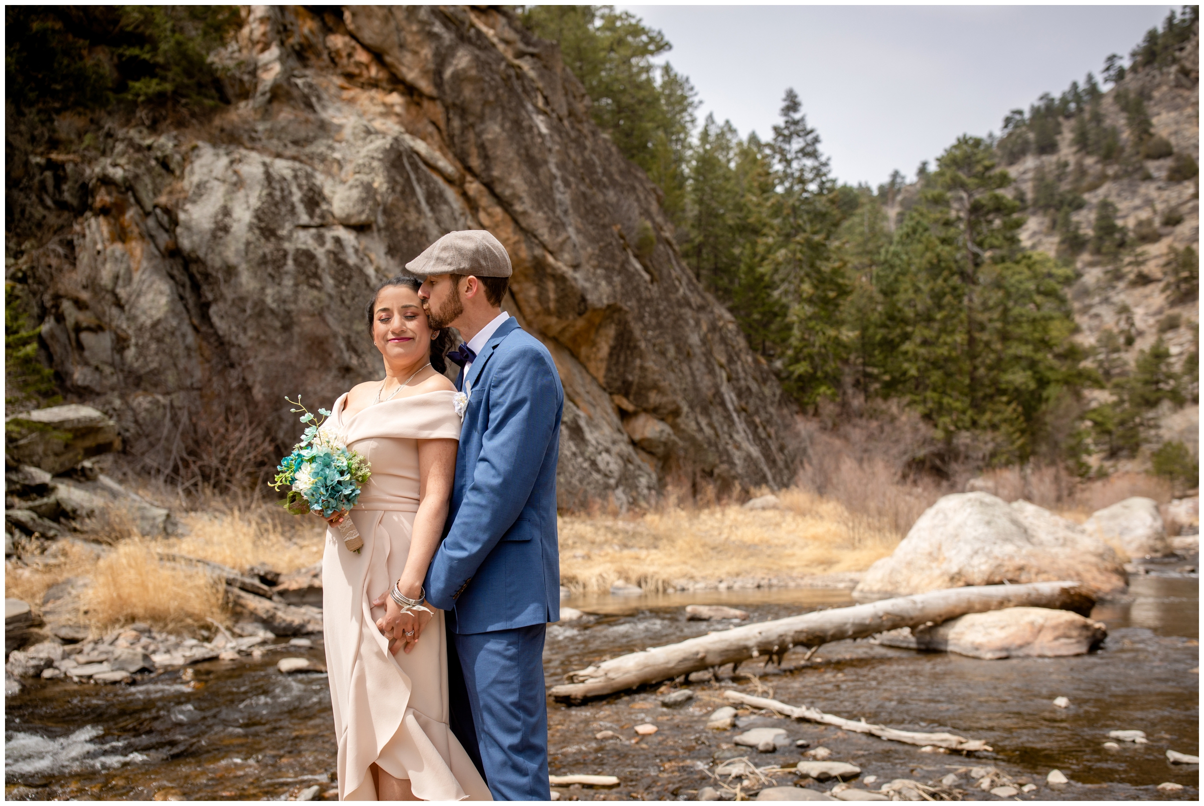 Loveland Colorado wedding photos by the river in Big Thompson Canyon during spring by elopement photographer Plum Pretty Photography