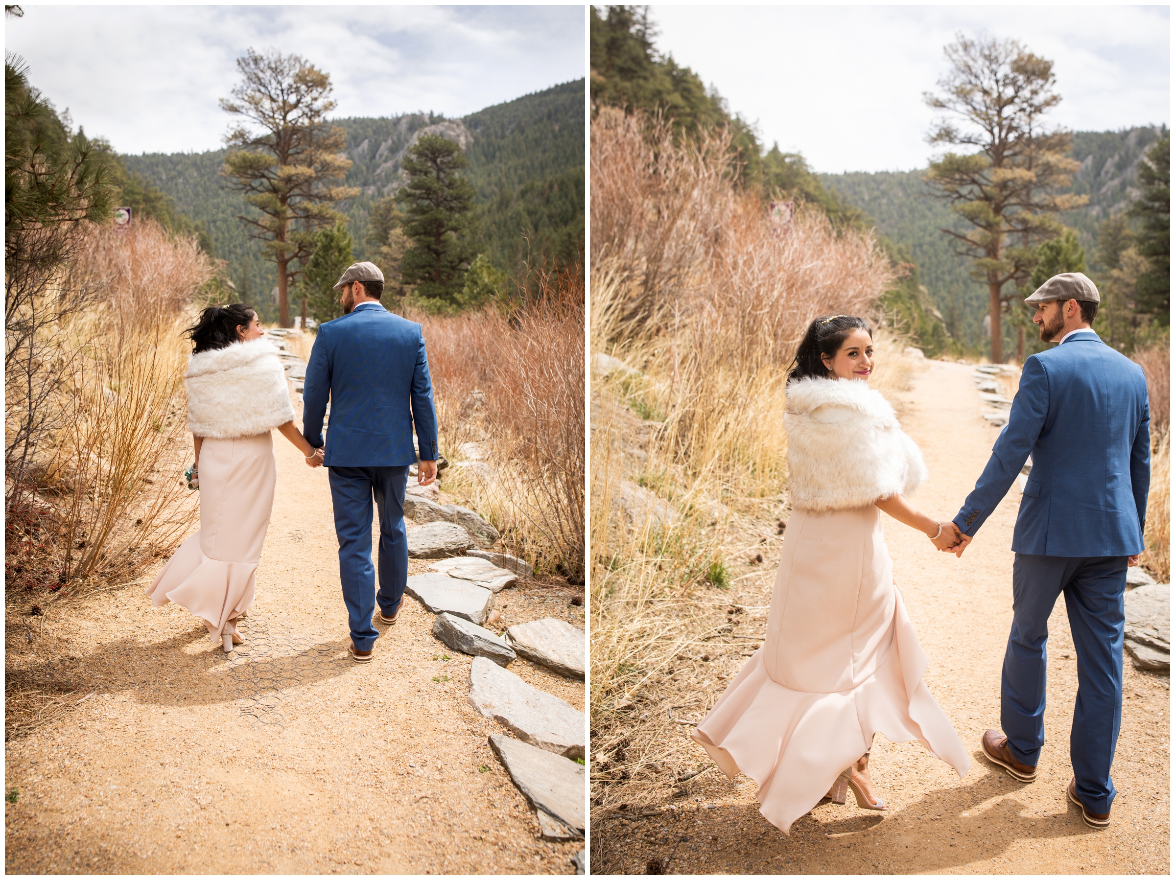 couple holding hands and walking in the mountains during intimate elopement wedding pictures in Loveland Colorado 