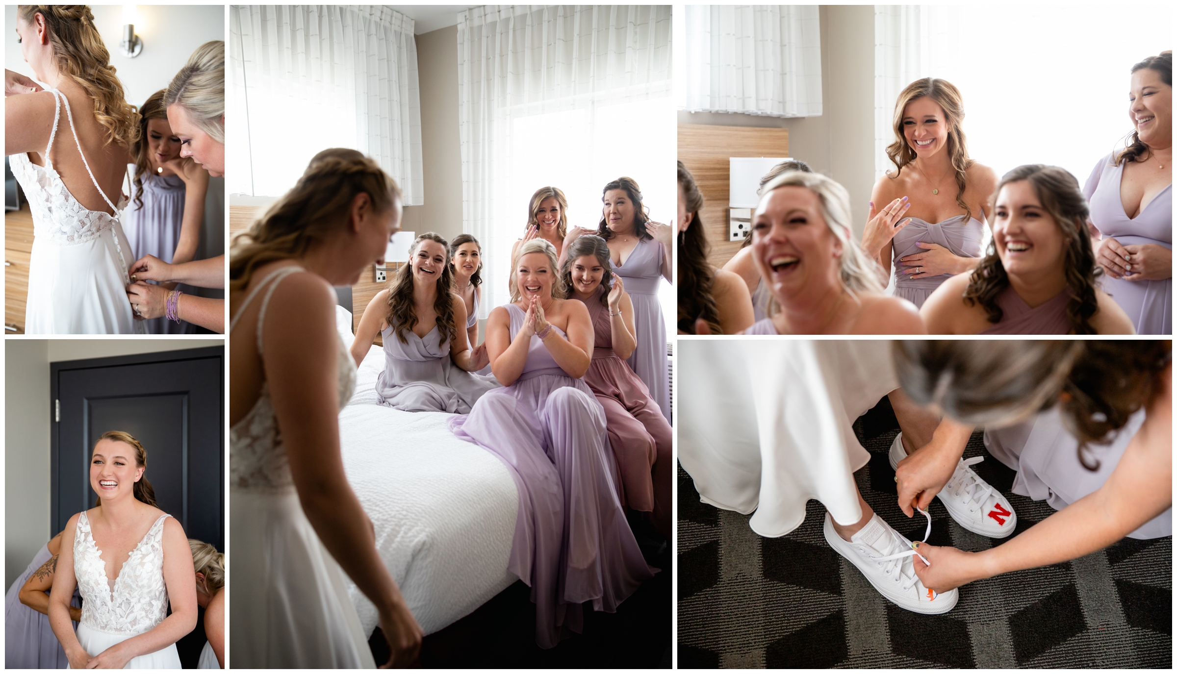 bride revealing dress to bridesmaids 