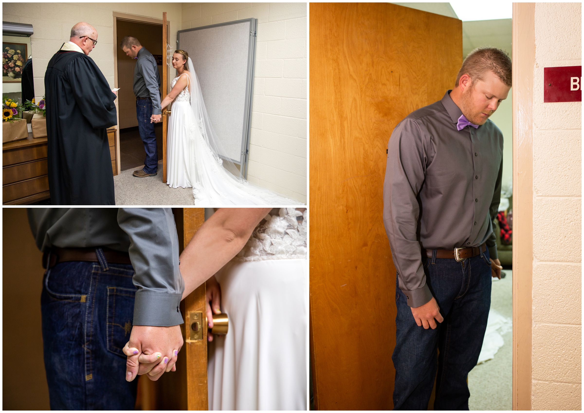 bride and groom's first touch holding hands behind door 