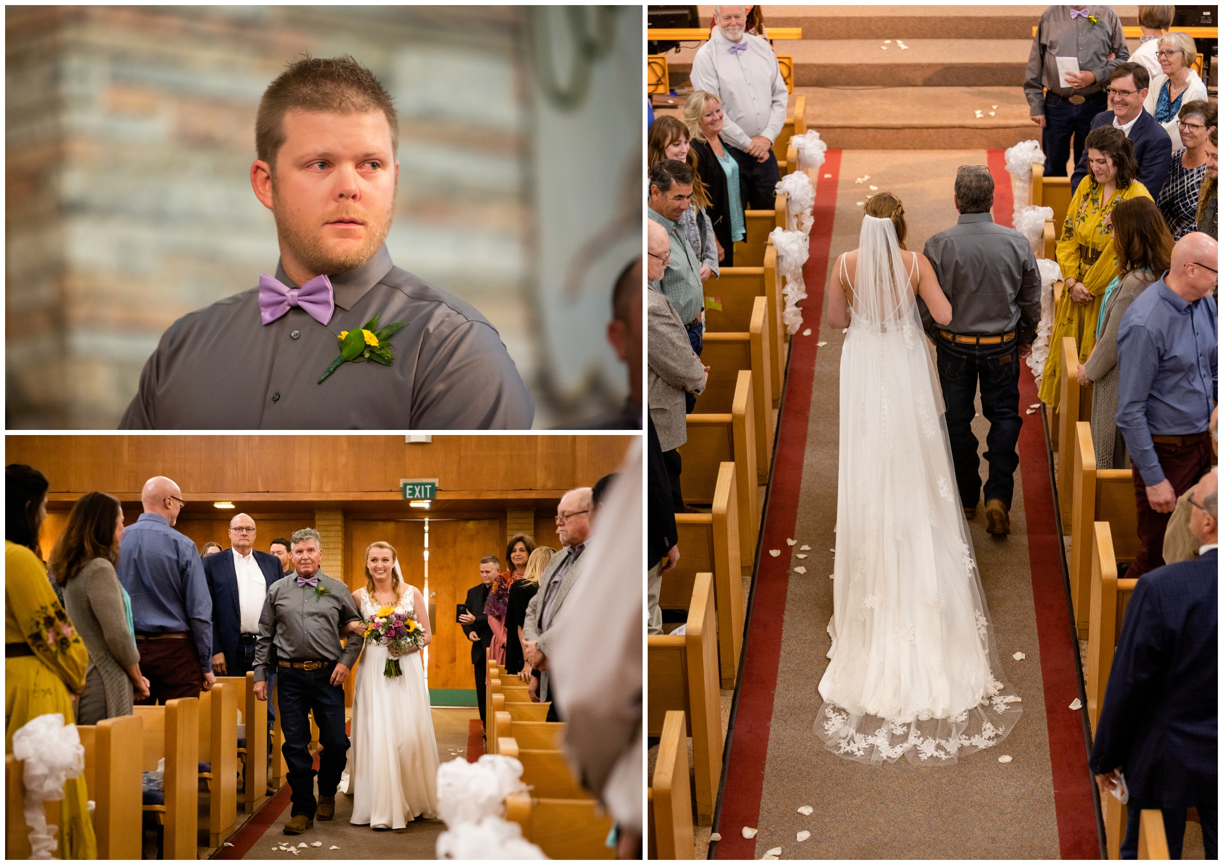 bride walking down aisle at the Heart of Longmont church wedding ceremony 