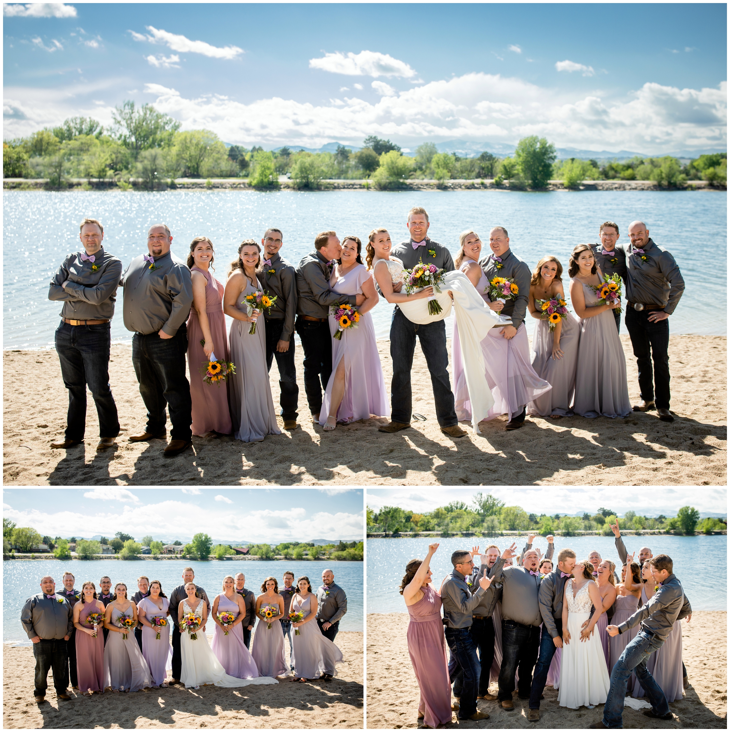 wedding party in purple and gray posing on the beach of Lake Loveland during Colorado wedding pictures 
