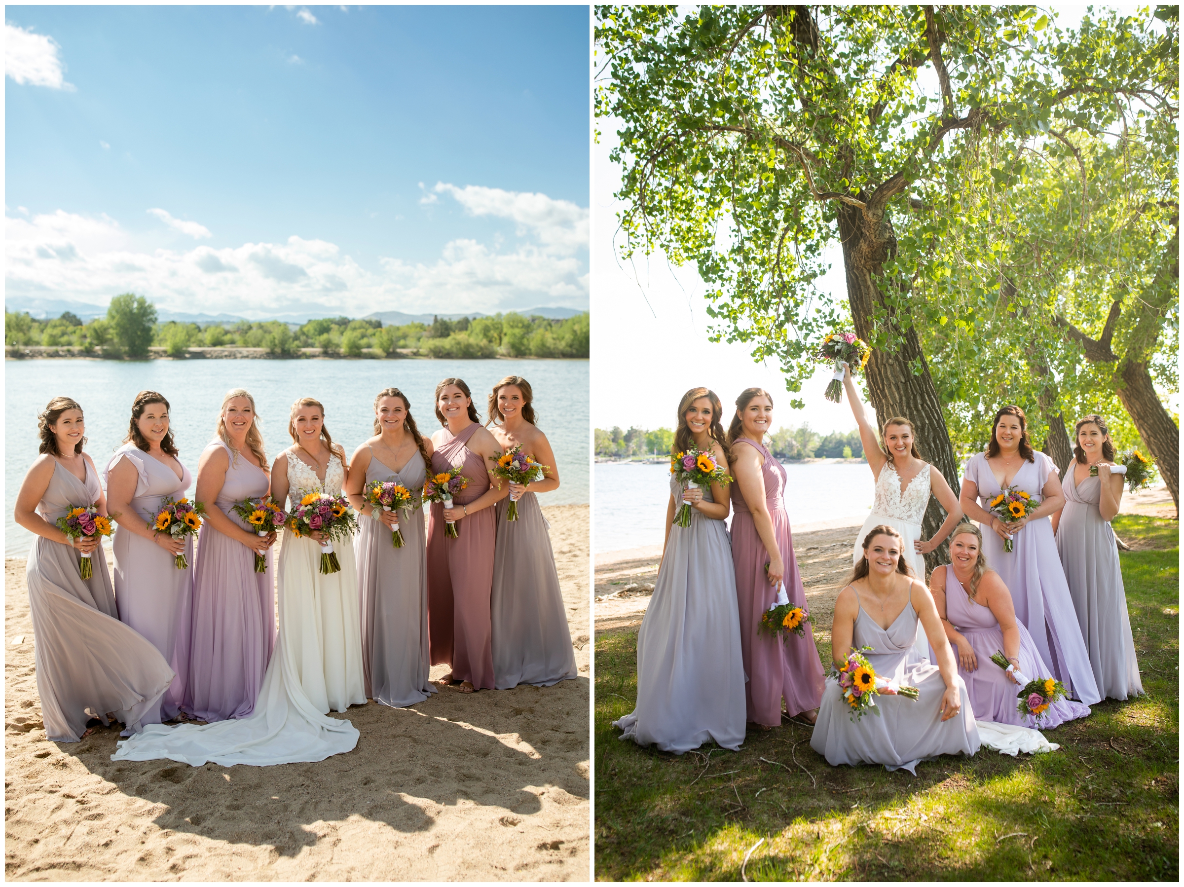 bridesmaids in various shades of purple posing in front of the water at Lake Loveland 