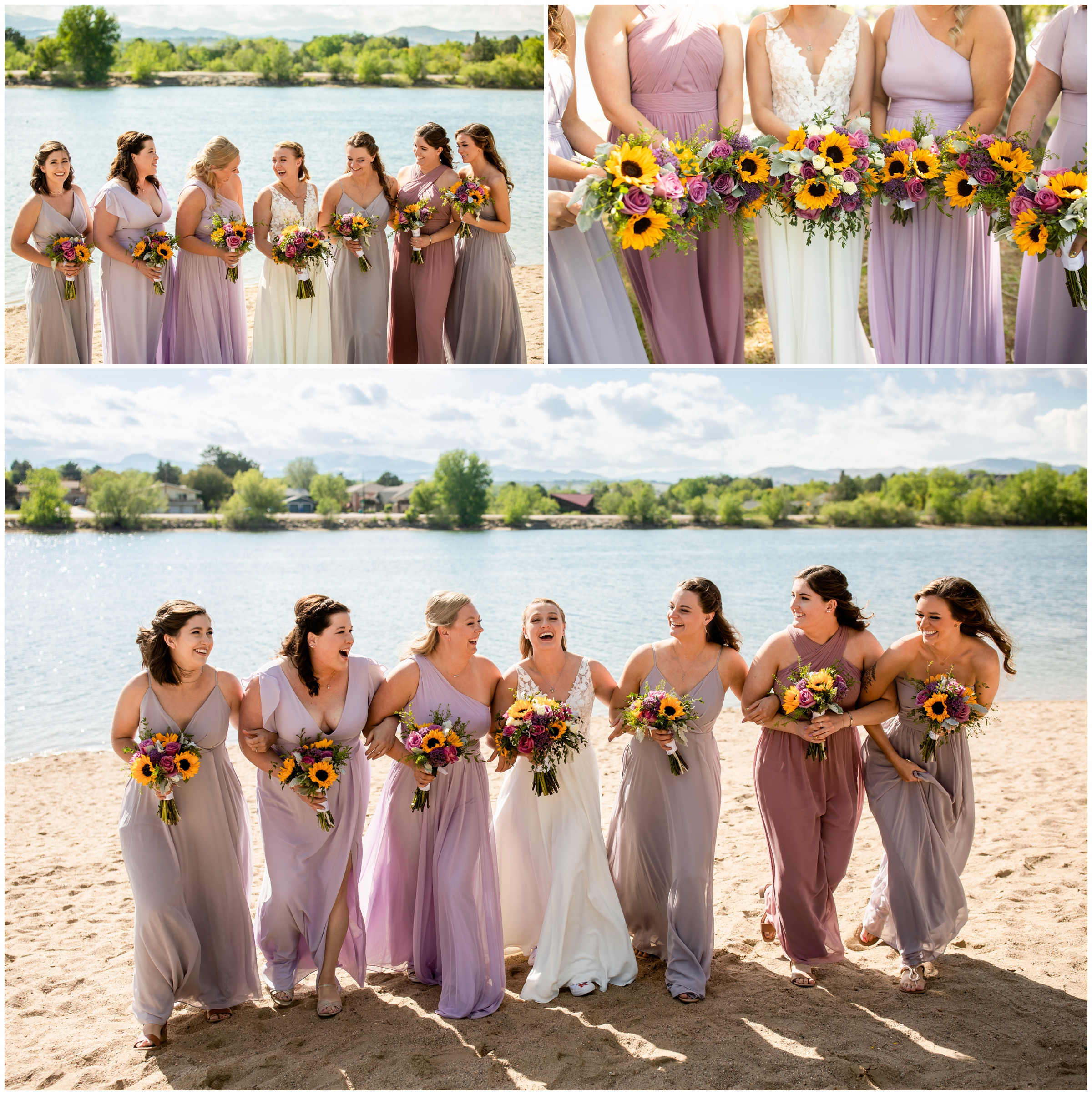 bridesmaids in various shades of purple during Loveland wedding pictures 