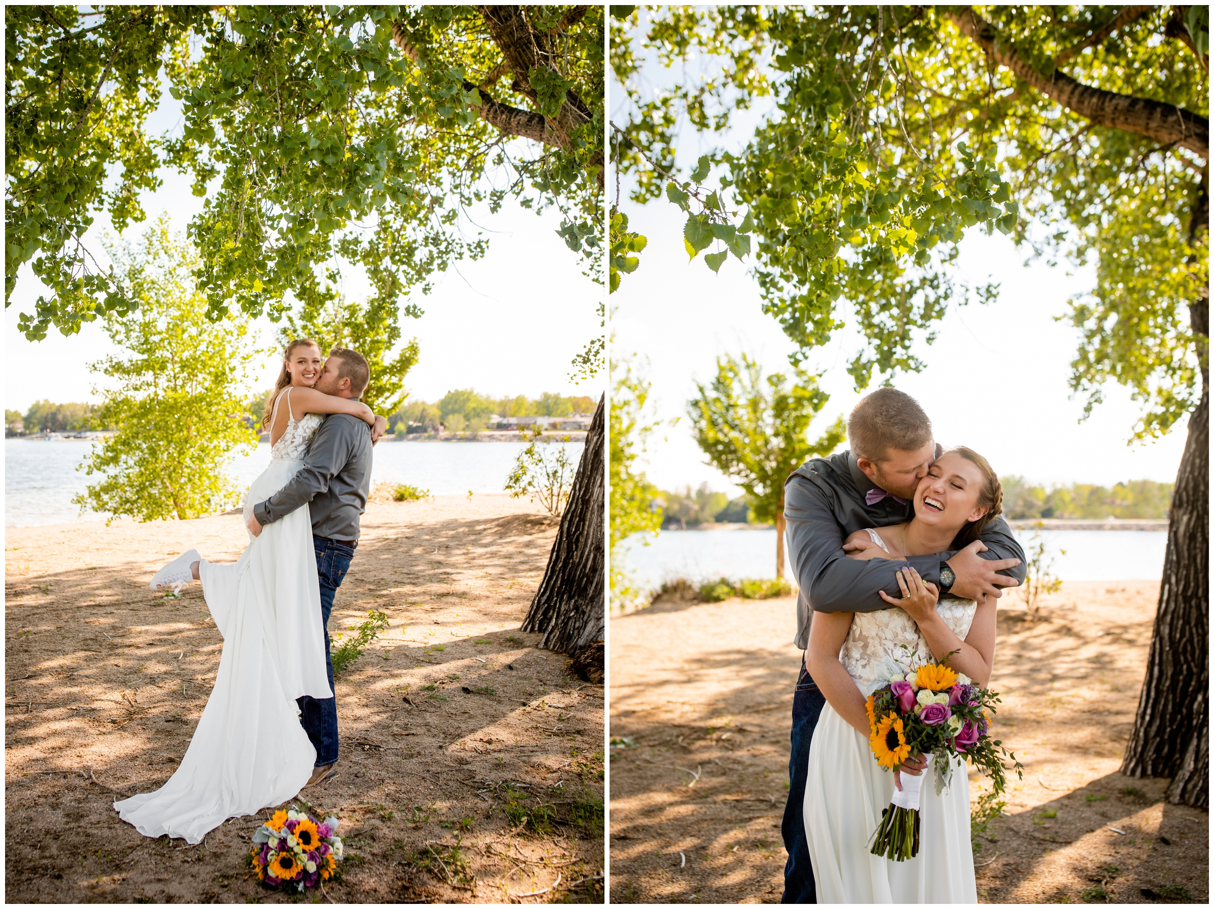 groom lifting bride in front Lake Loveland during spring wedding photos in Northern Colorado 