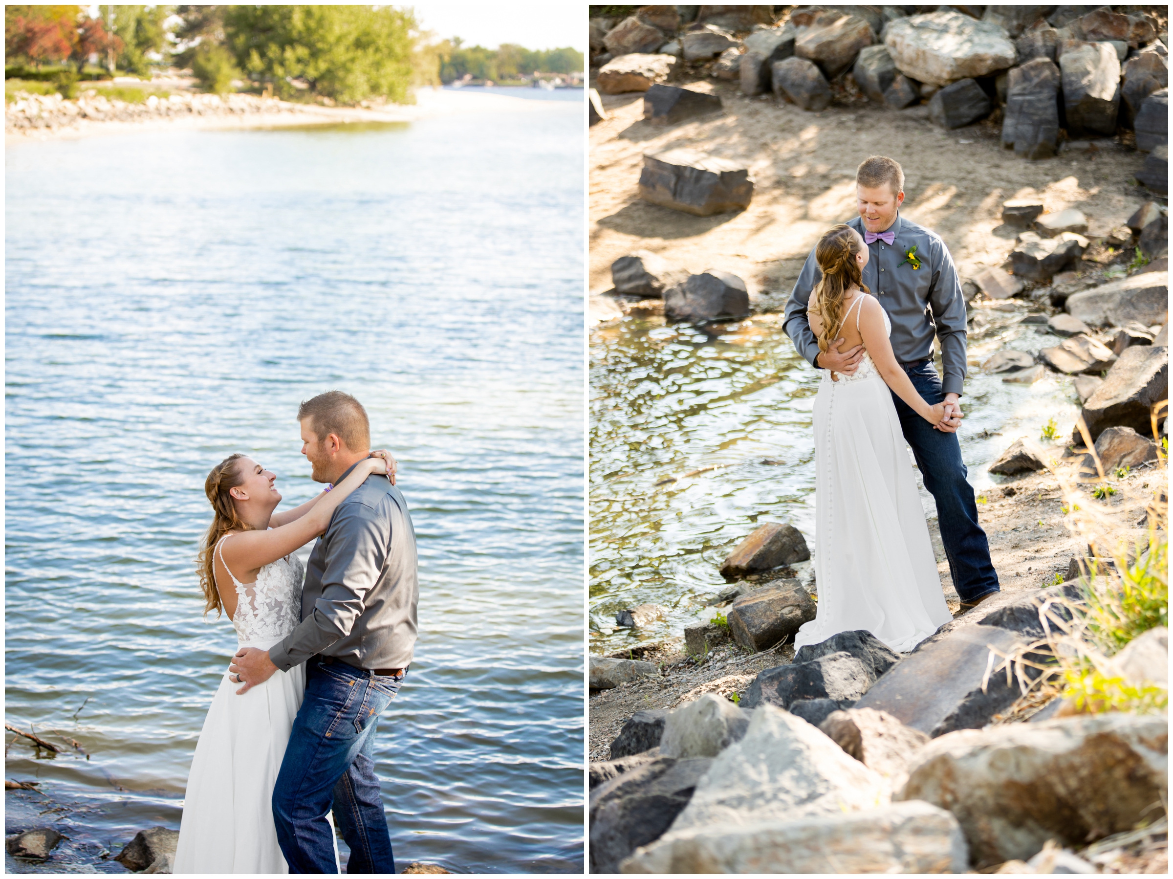couple posing next to Lake Loveland during spring wedding portraits in Loveland Colorado 