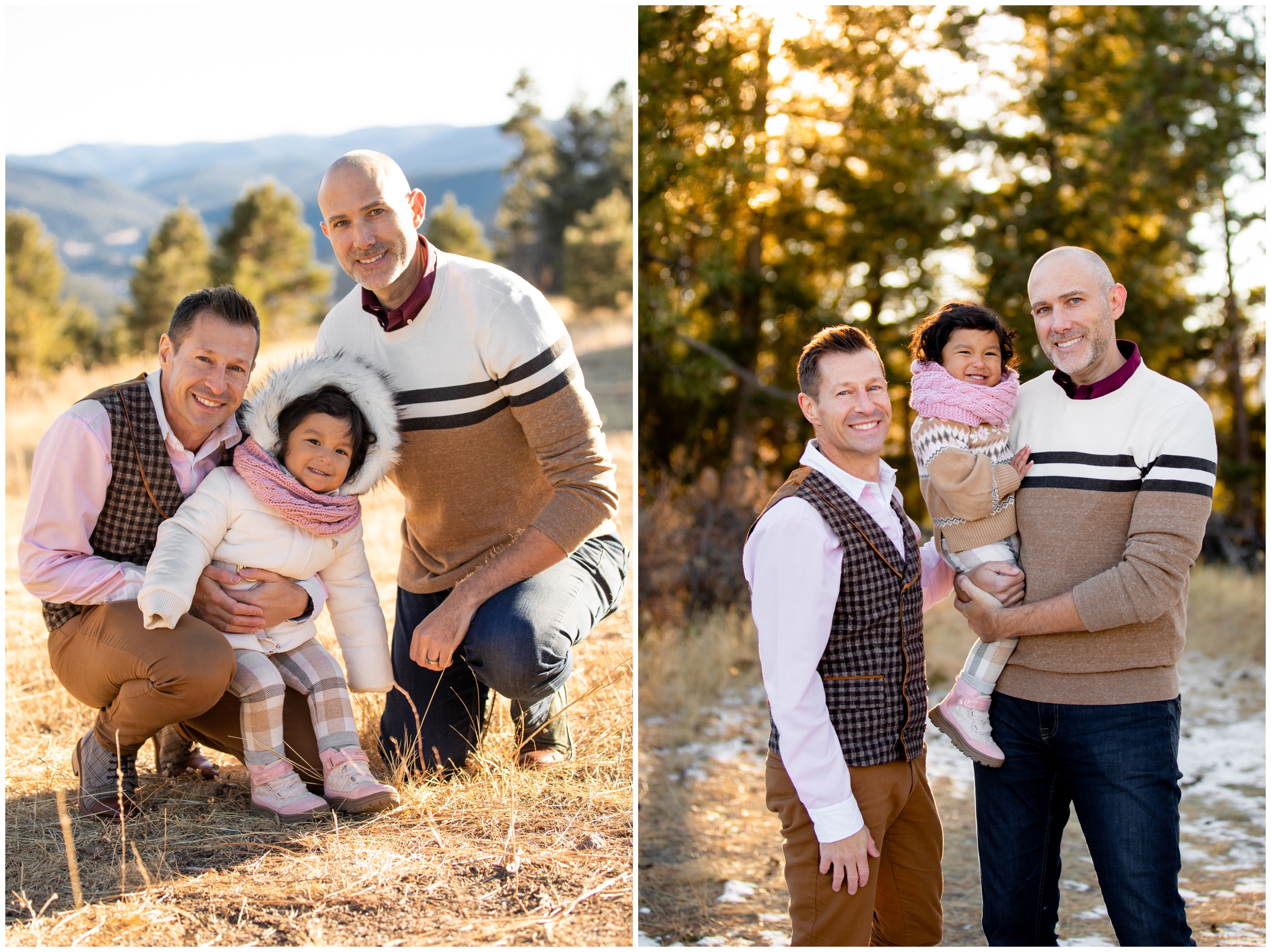 two gay dads and daughter posing for Colorado winter family photos at Mount Falcon West 
