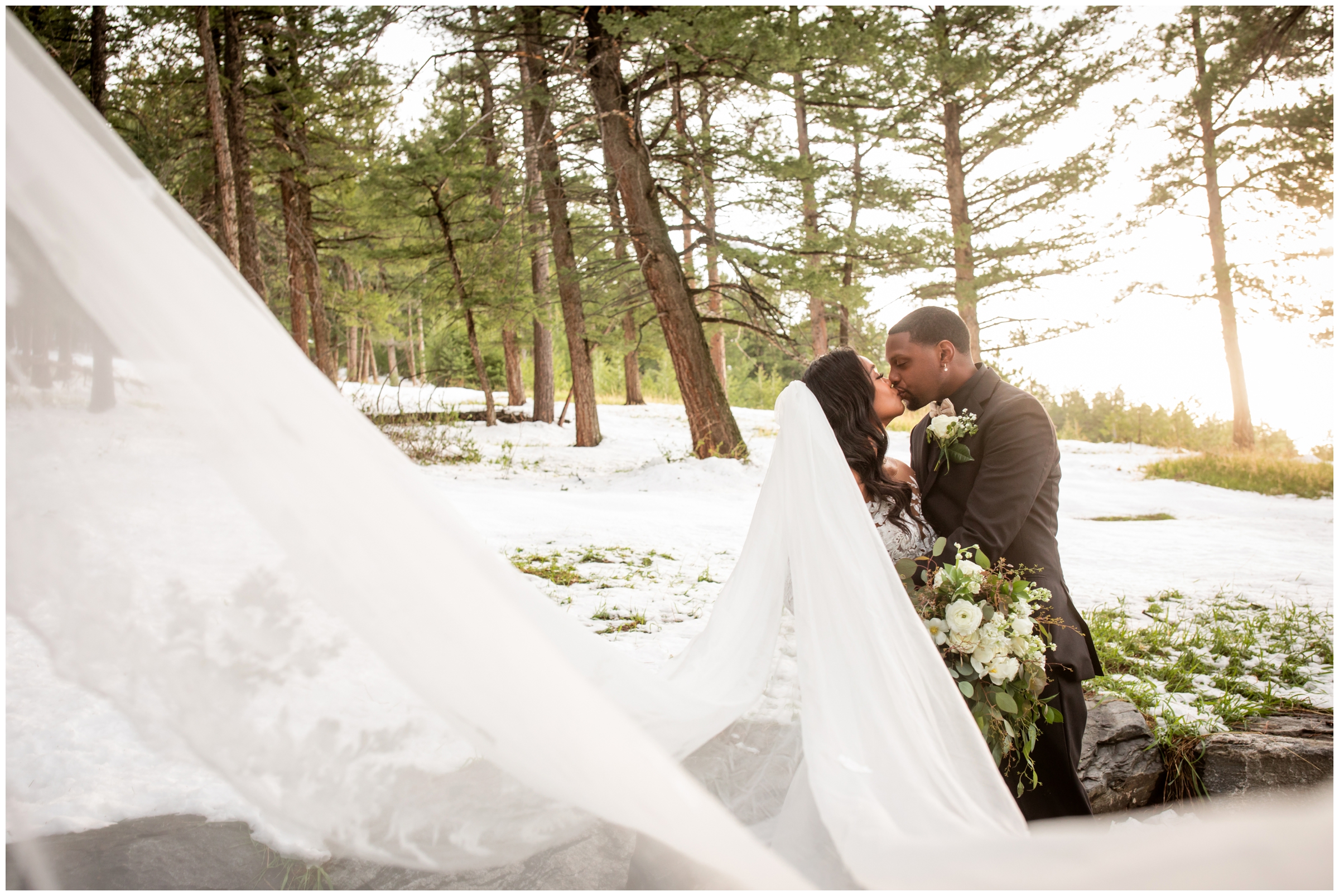 dramatic long cathedral veil pictures during snowy Colorado wedding photos at the Pines at Genesee by Plum Pretty Photography