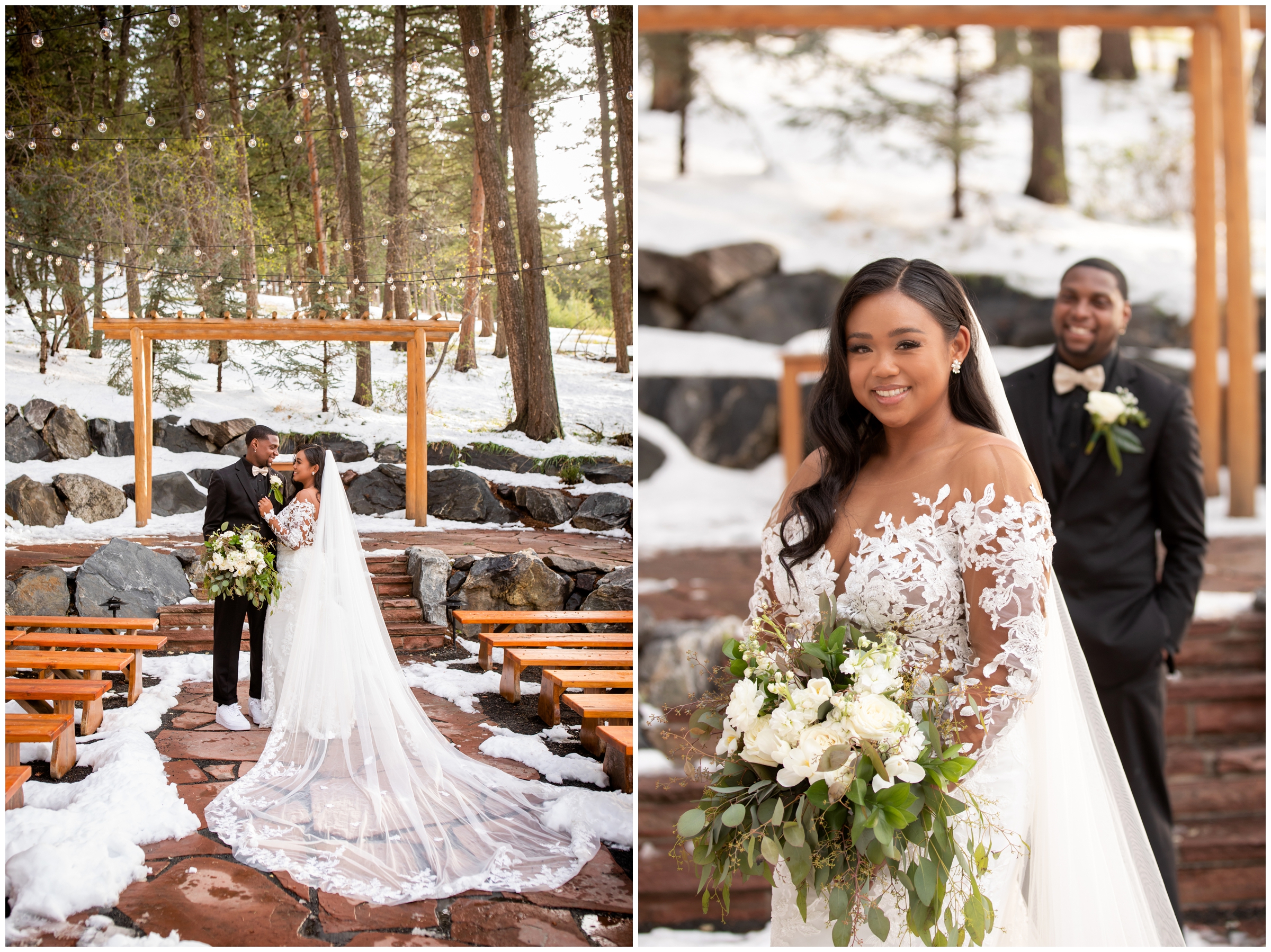 bride and groom posing in the snowy forest of the Colorado mountains at the Pines at Genesee