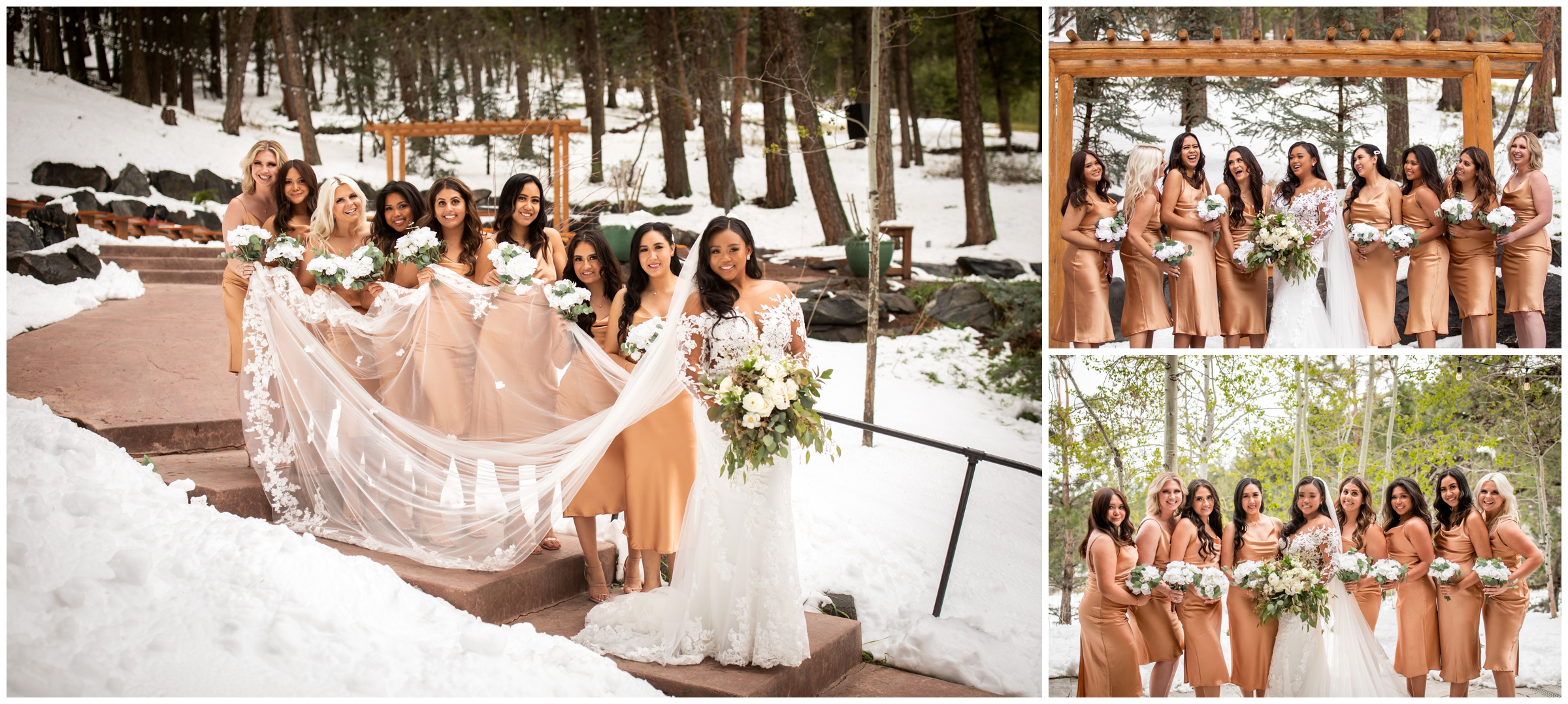 bridesmaids holding bride's veil during bridal party portraits in the snowy Colorado mountains 