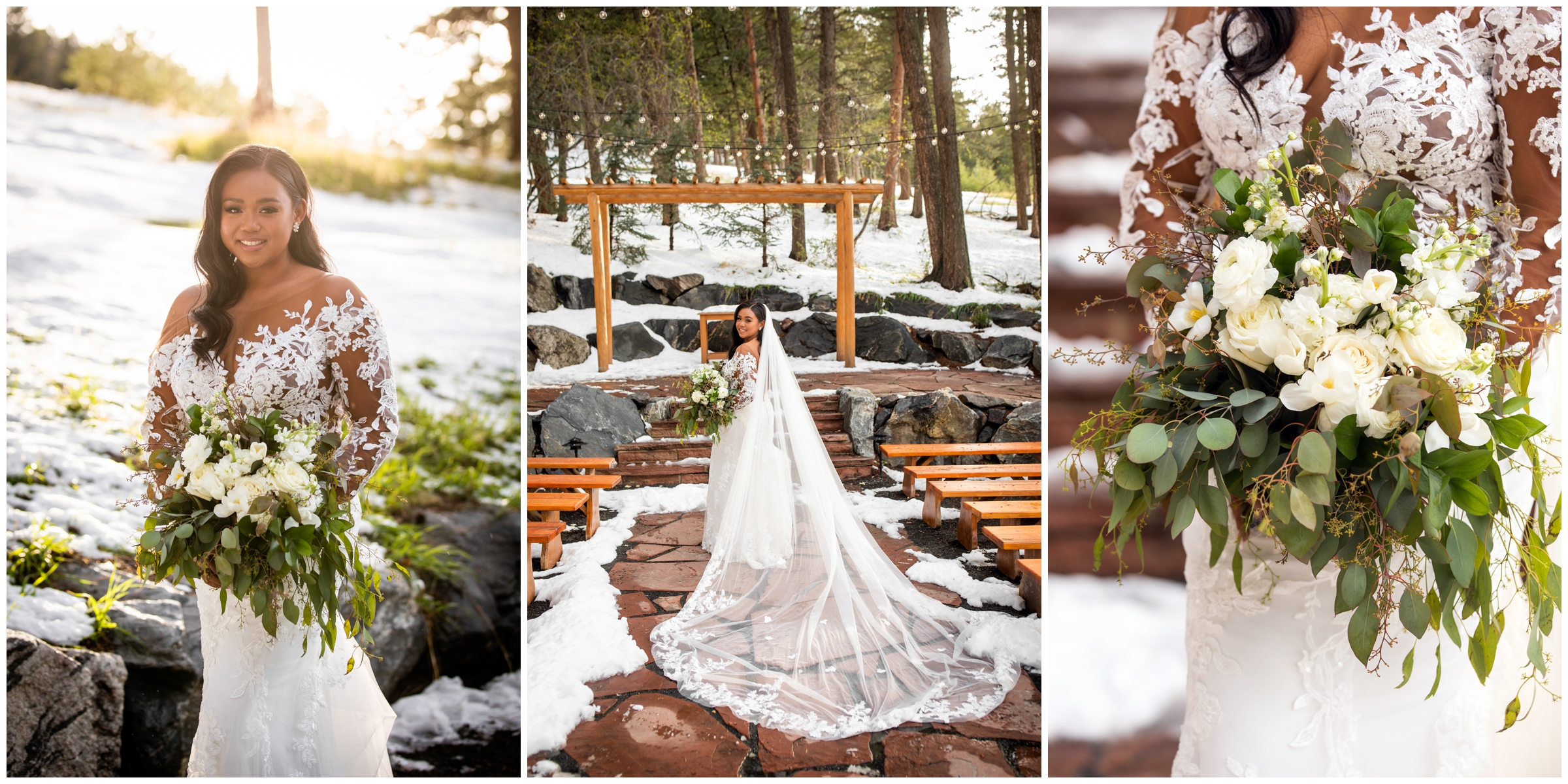 bride with long cathedral veil posing in the snowy Colorado mountains at Pines at Genesee wedding