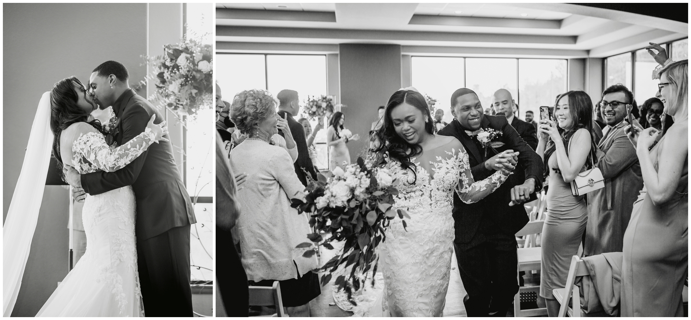 first kiss and recessional during indoor wedding ceremony at the Colorado Pines at Genesee venue 