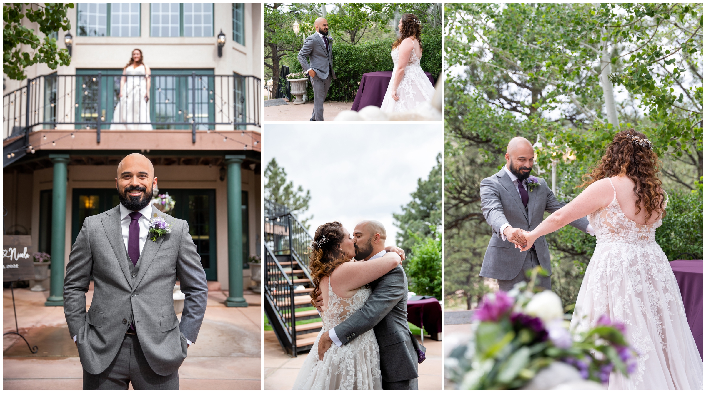 couple doing first look by the fountain at Lionscrest Manor Colorado wedding 