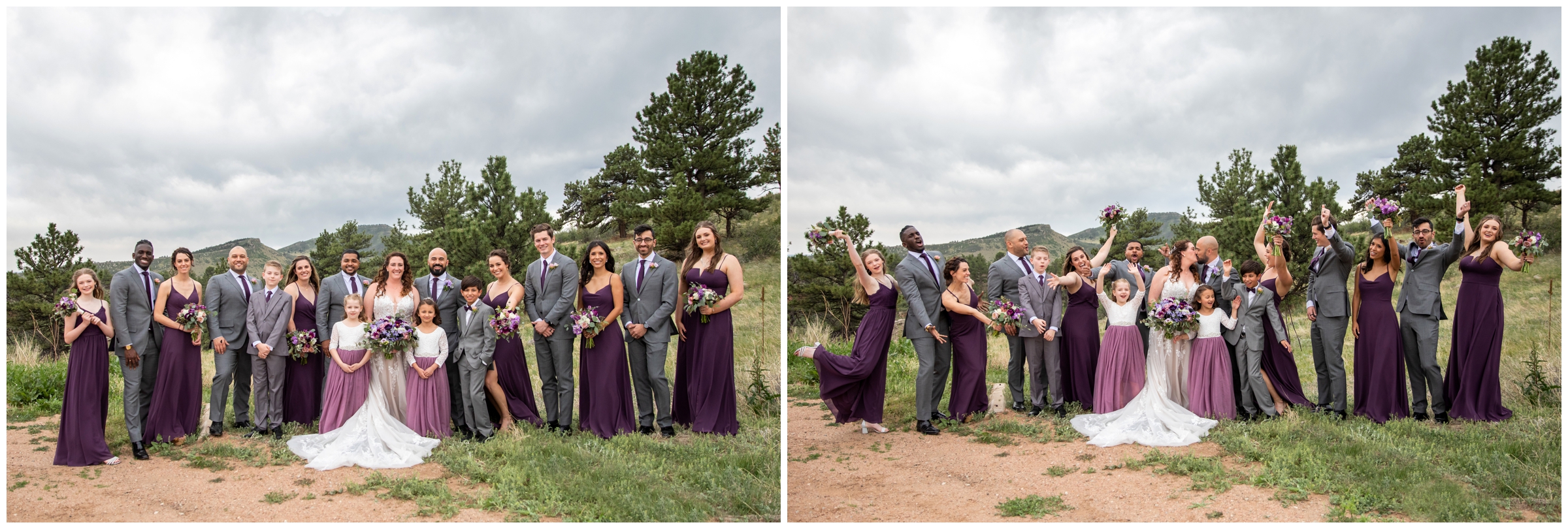 wedding party in gray and purple posing in front of mountains at Colorado wedding 