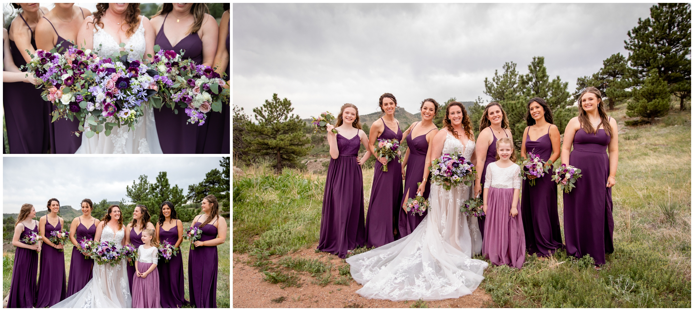 bridesmaids in long purple dresses posing for Colorado mountains wedding portraits 