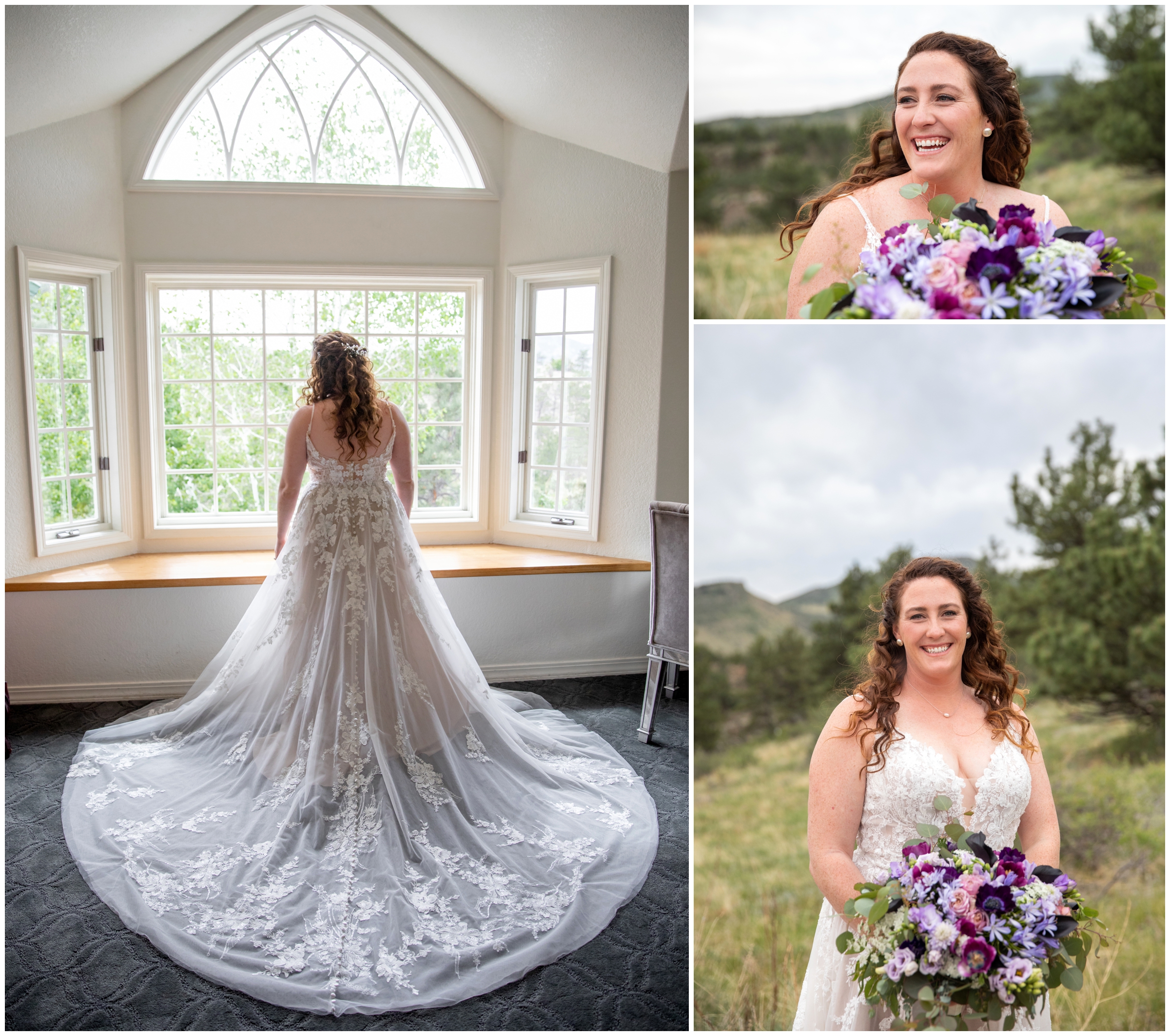 bride posing in window at Lionscrest Manor Colorado wedding