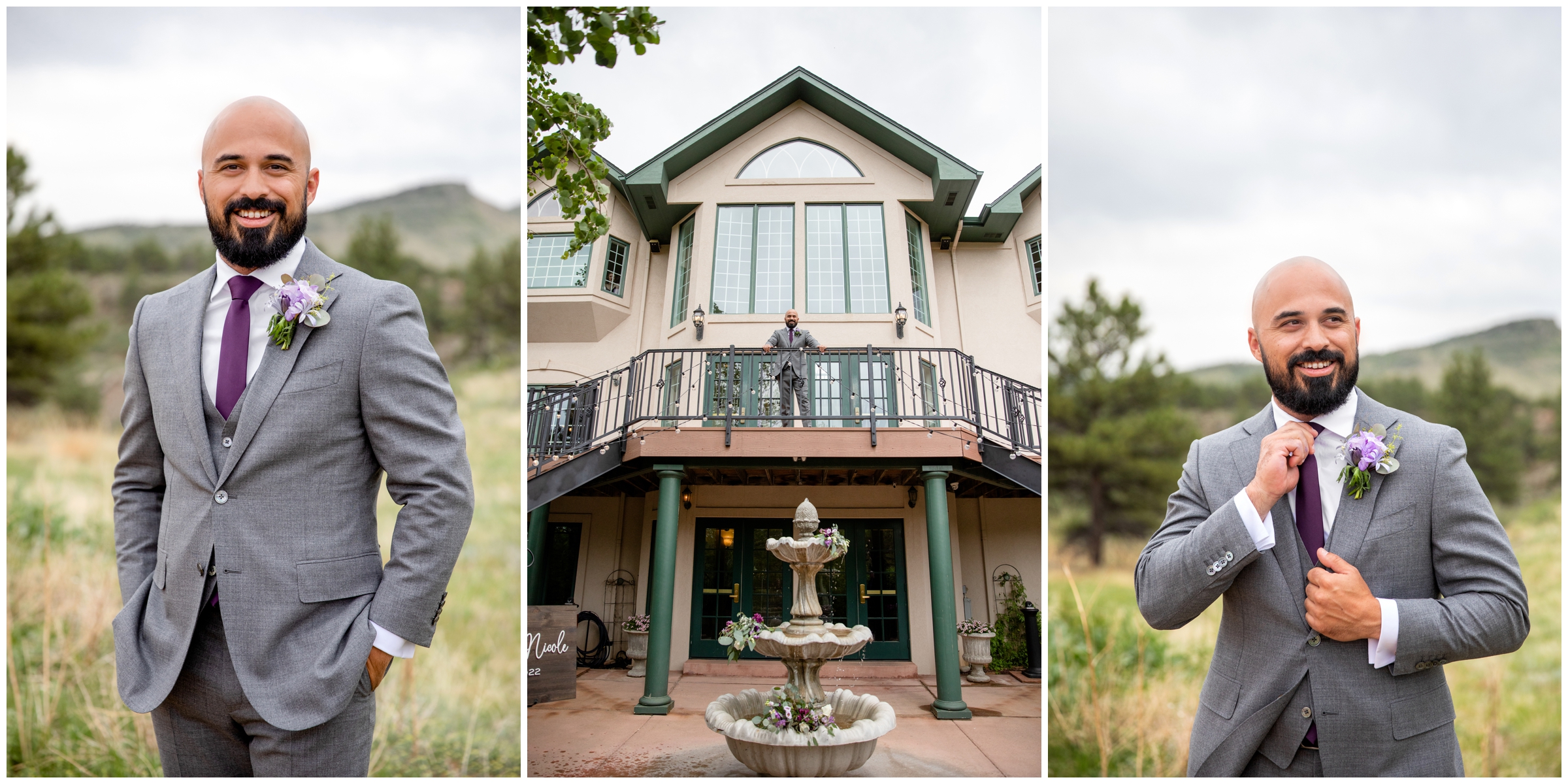groom posing on balcony at Lionscrest Manor Colorado springtime wedding 