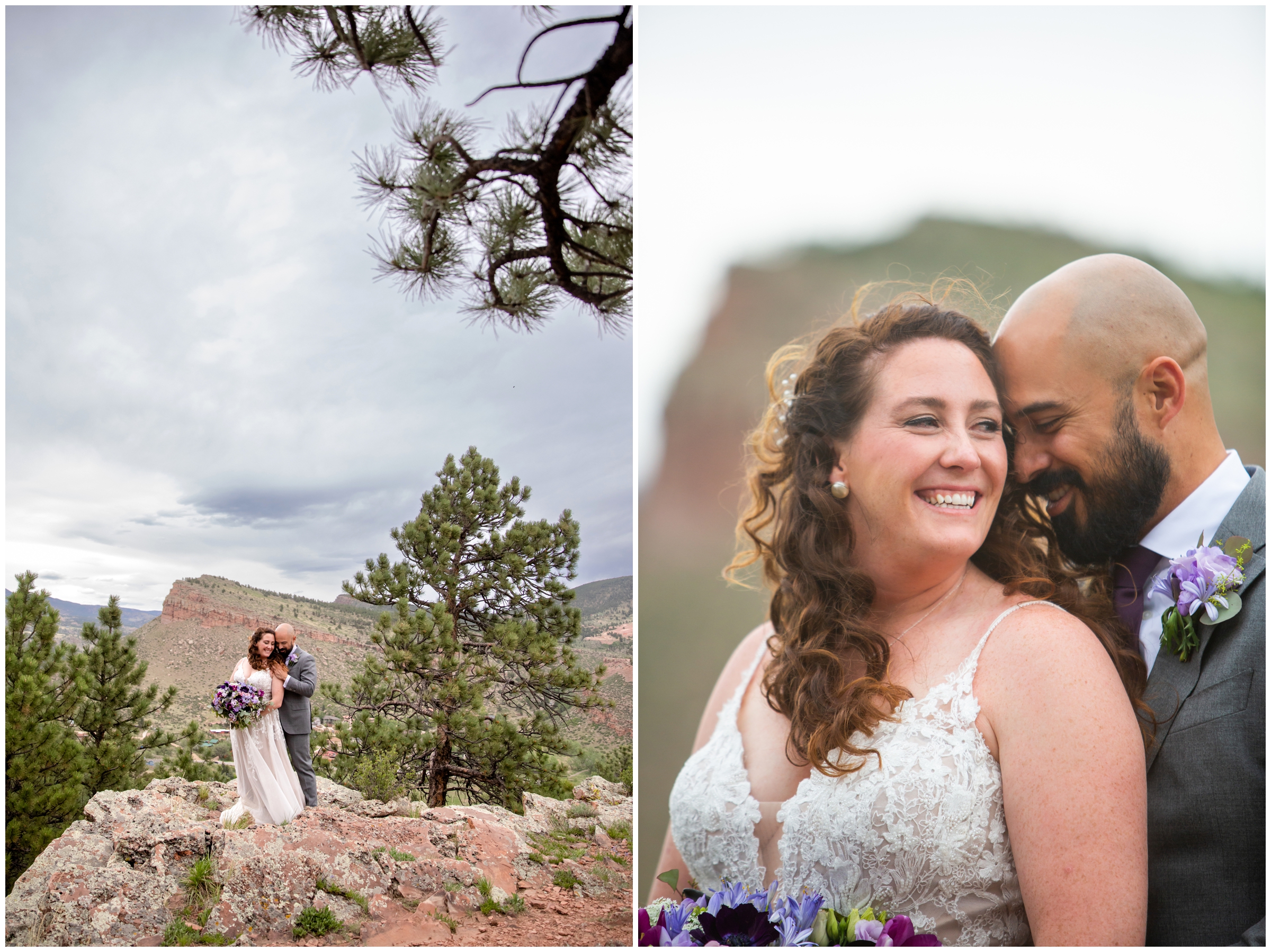 couple posing on rock with mountains in background during Lyons Colorado wedding pictures 