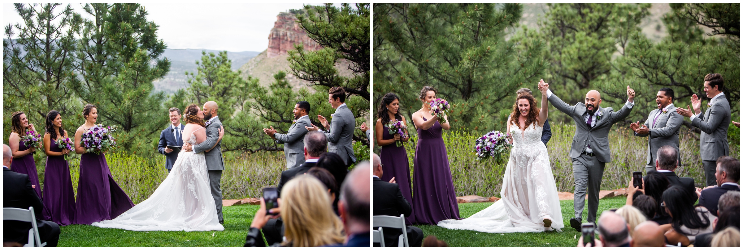 first kiss during outdoor wedding ceremony in the Colorado mountains of Lyons