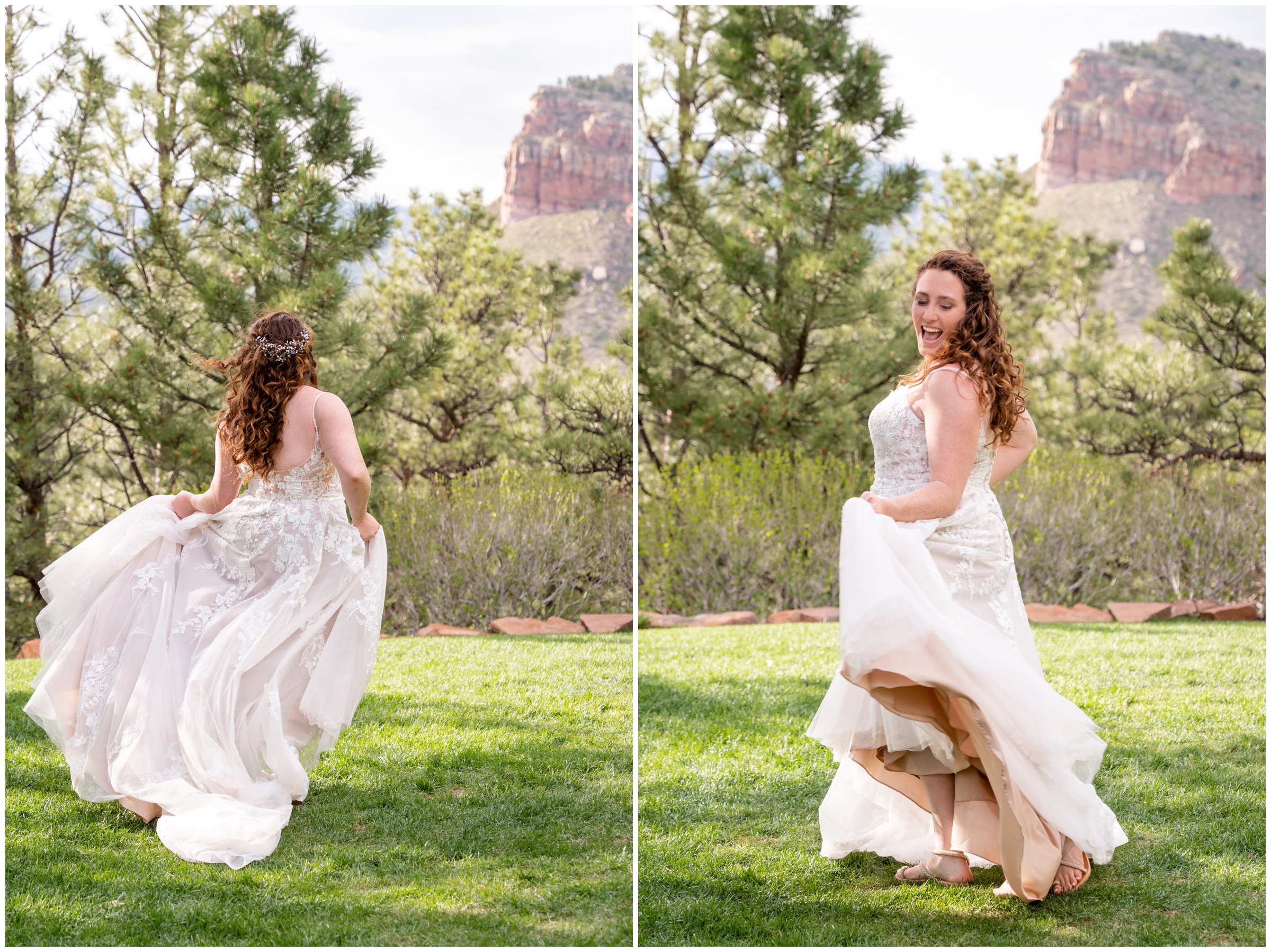 bride twirling in her dress during springtime wedding photos in Lyons Colorado at Lionscrest manor 