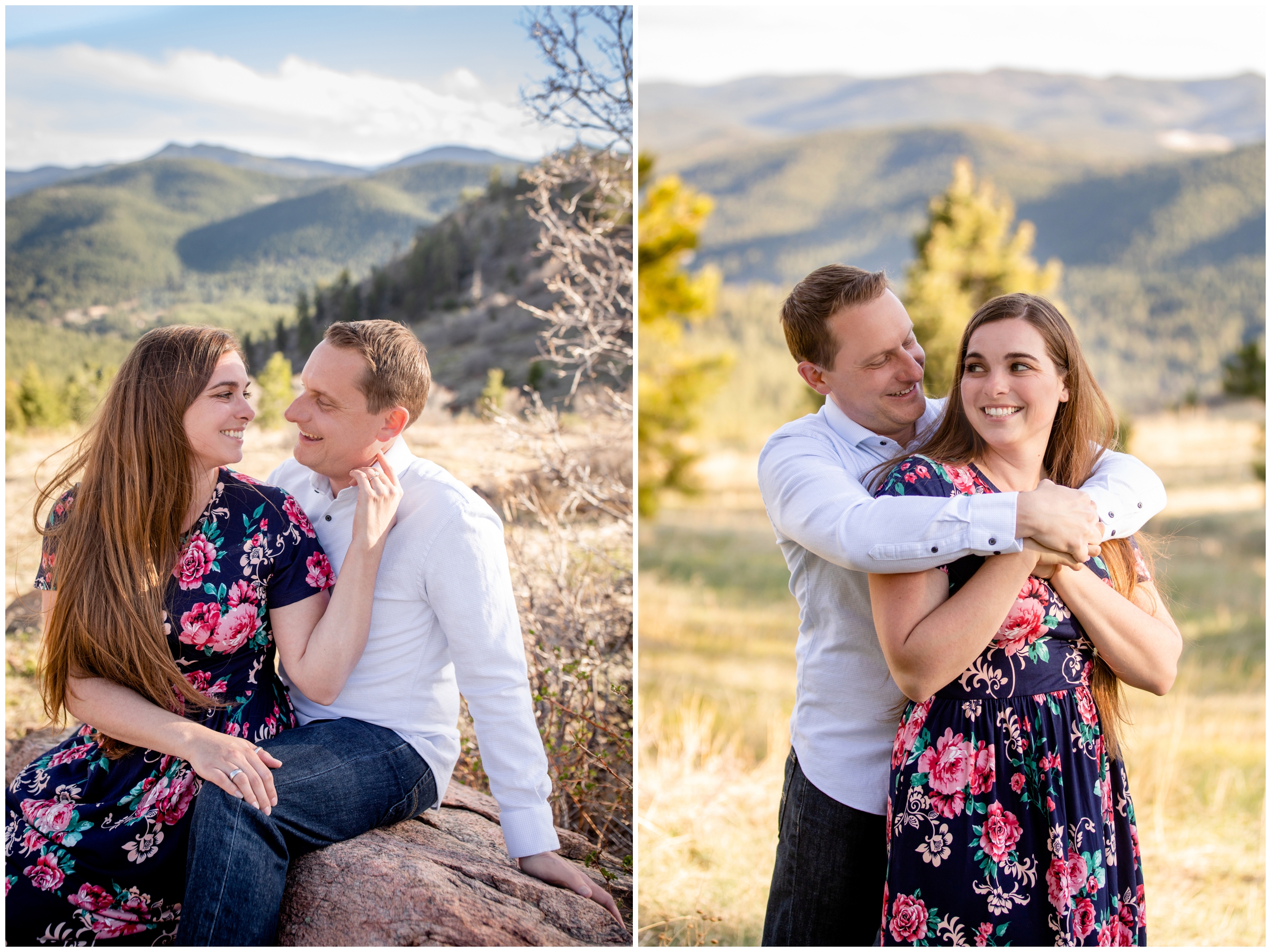 couple cuddling with mountains in background at Mount Falcon West during spring engagement photos in Colorado 