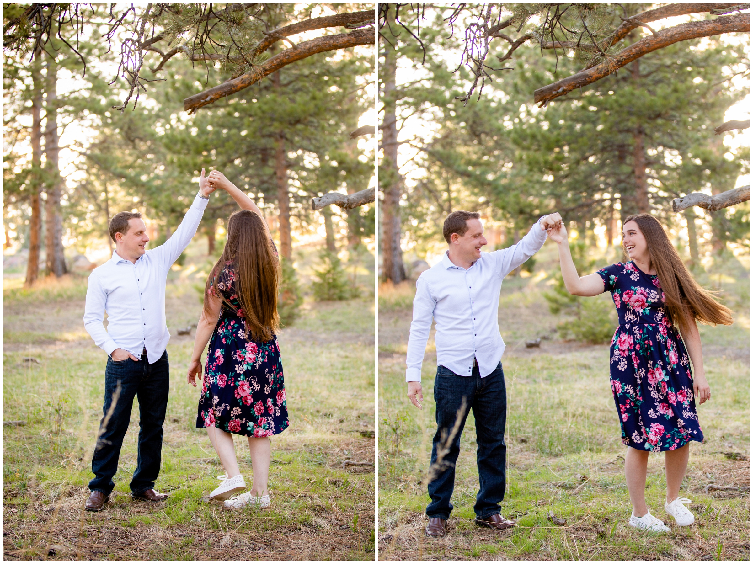 couple dancing in the forest during Colorado mountain engagement pictures by Plum Pretty Photography 