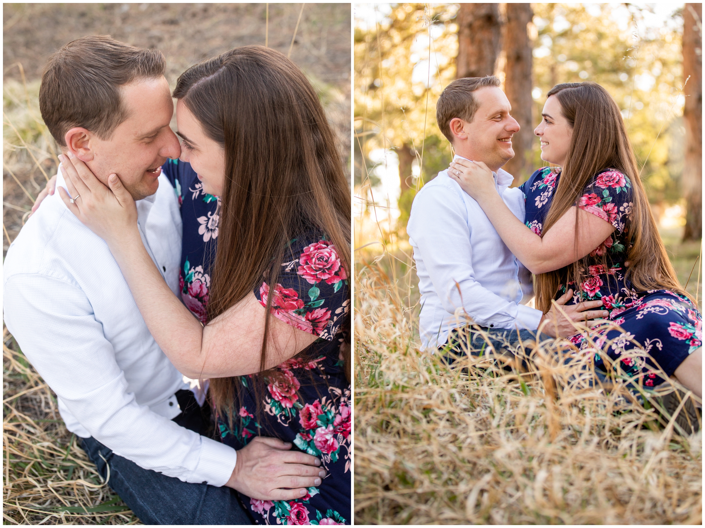 couple cuddling in the grass during Colorado engagement pictures at Mount Falcon 