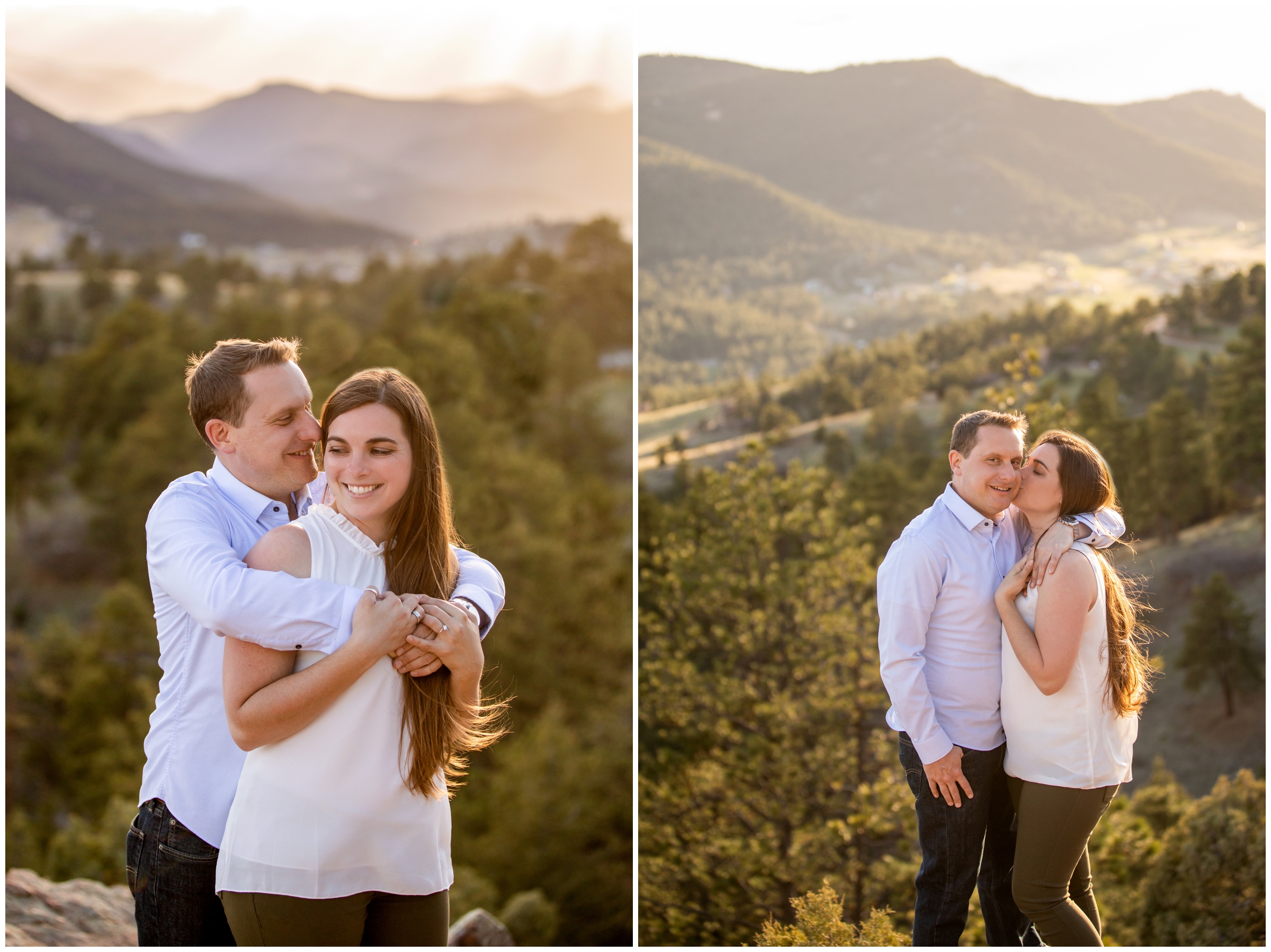 couple embracing with mountains in background during sunset engagement photos in Colorado during springtime