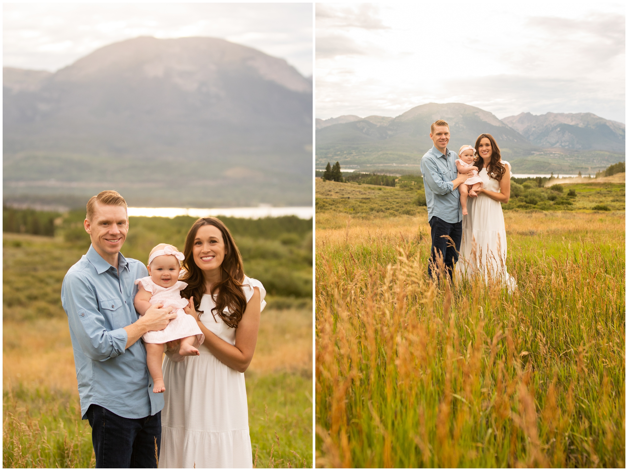 family of three standing in large open field with mountains in background during Windy Point Campground Colorado family photos 