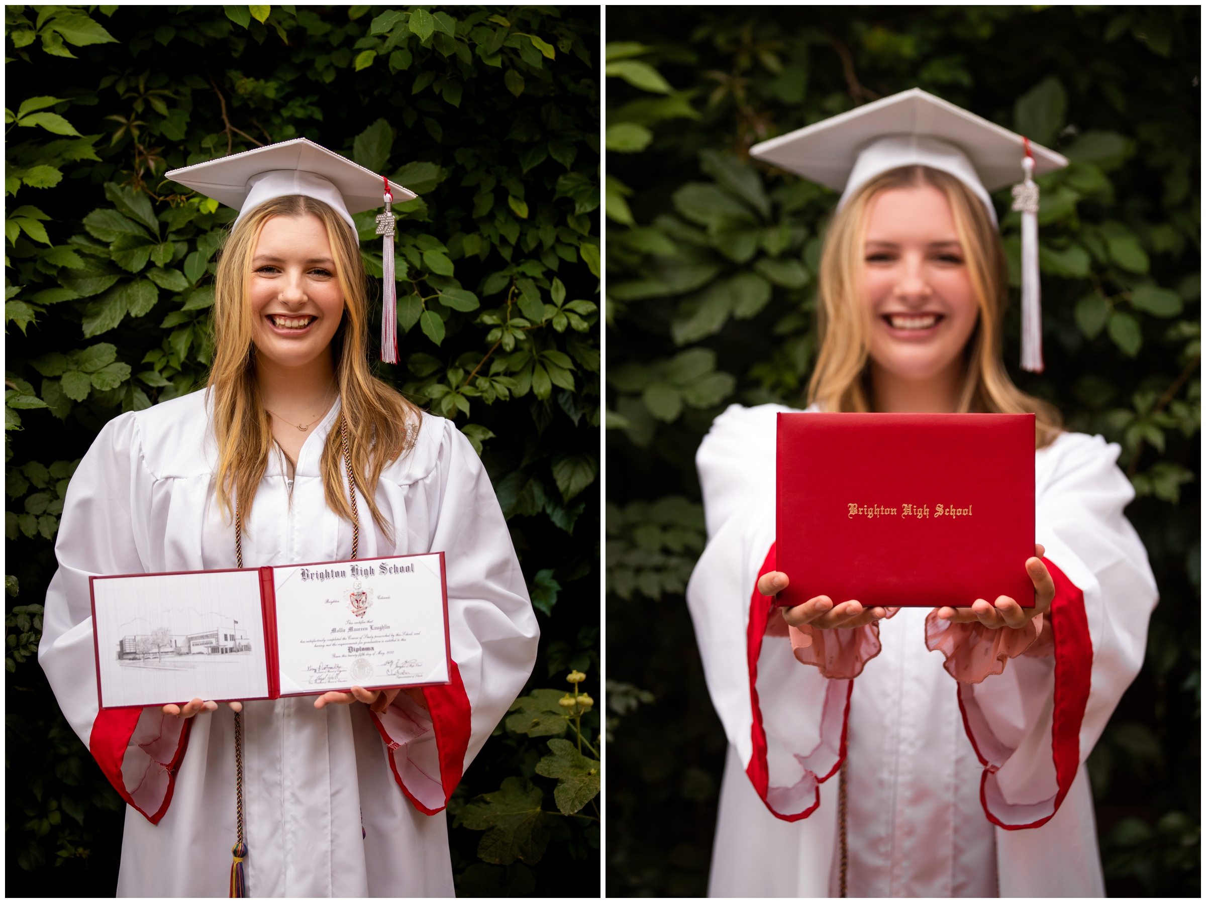 teen holding her diploma during Colorado cap and gown pictures at the Callahan House by Longmont senior portrait photographer Plum Pretty Photography 