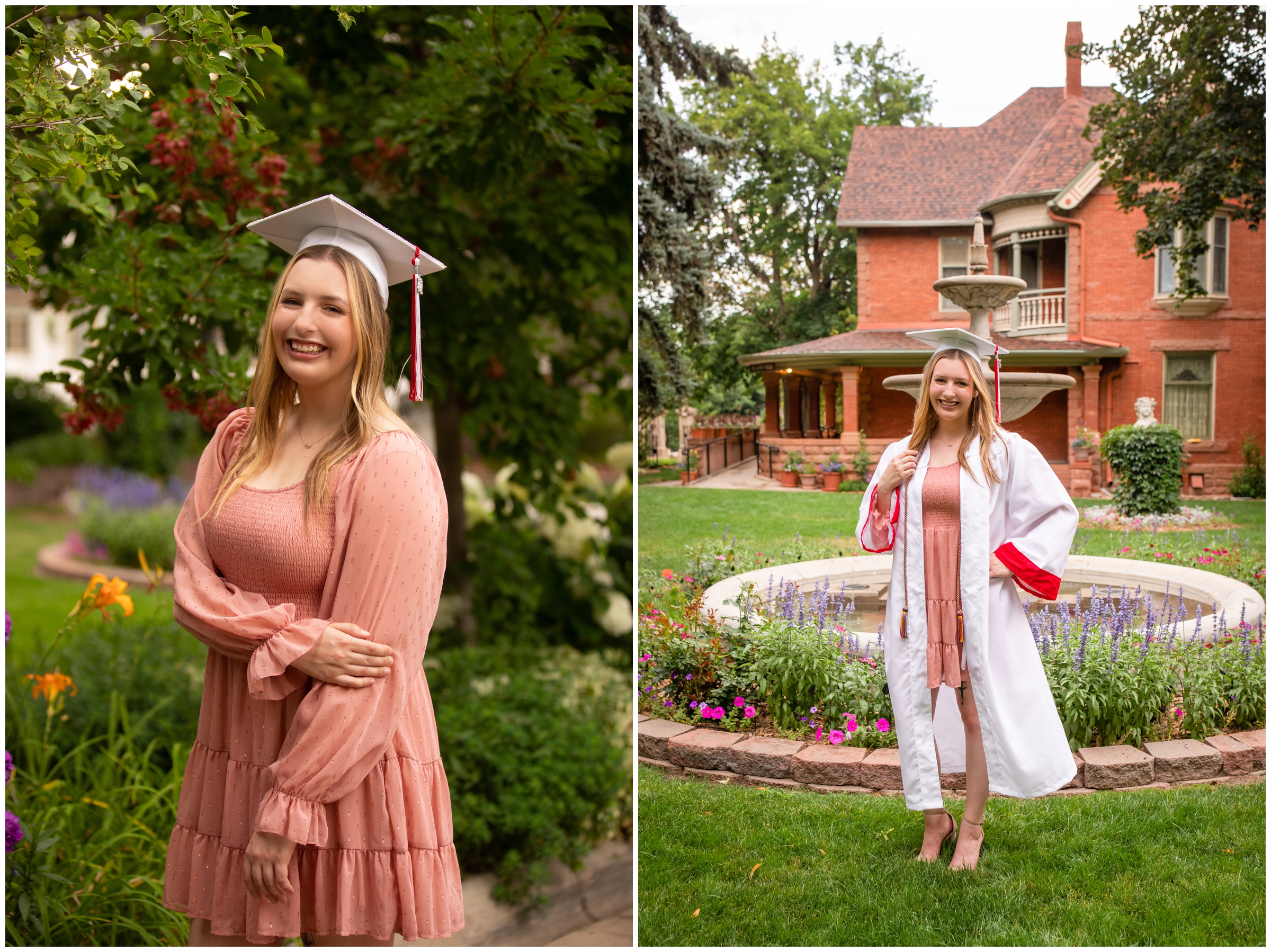 teen posing in front of victorian house with gardens during Brighton High School Colorado senior pictures 
