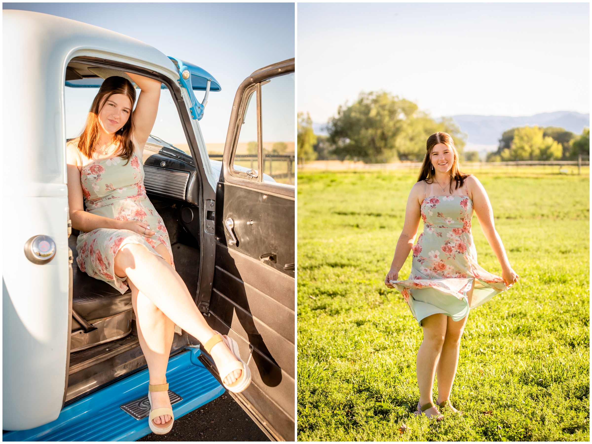 teen sitting in vintage blue truck during Longmont CO summer senior photography session 