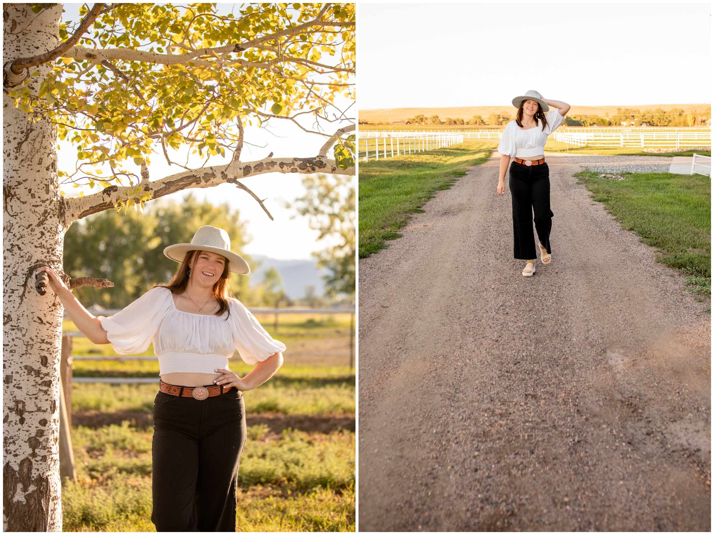 teen girl walking down dirt road at horse farm during Longmont Colorado senior photography session 