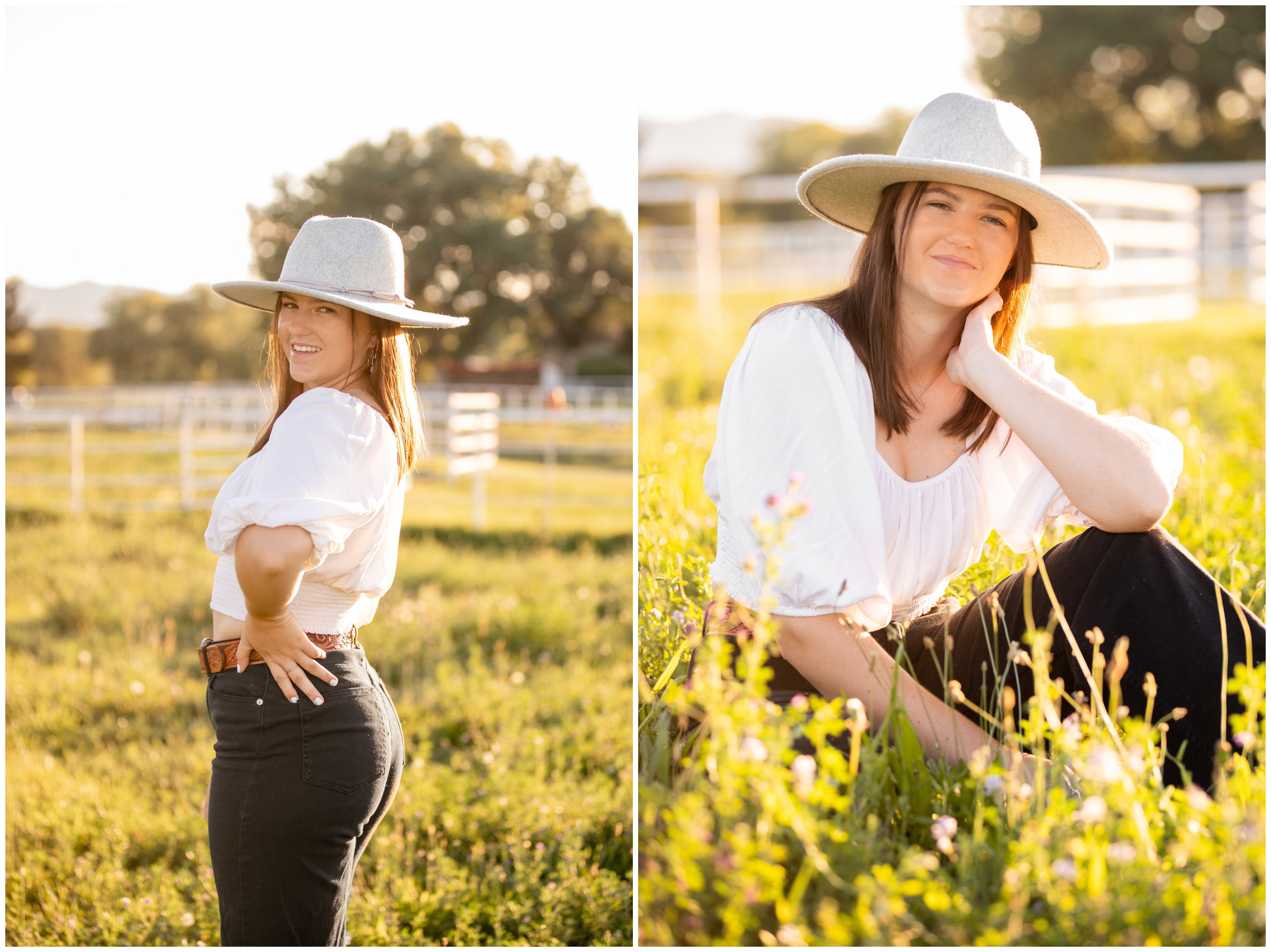 teen girl sitting in a field at a horse farm in Longmont during Colorado senior photography session 