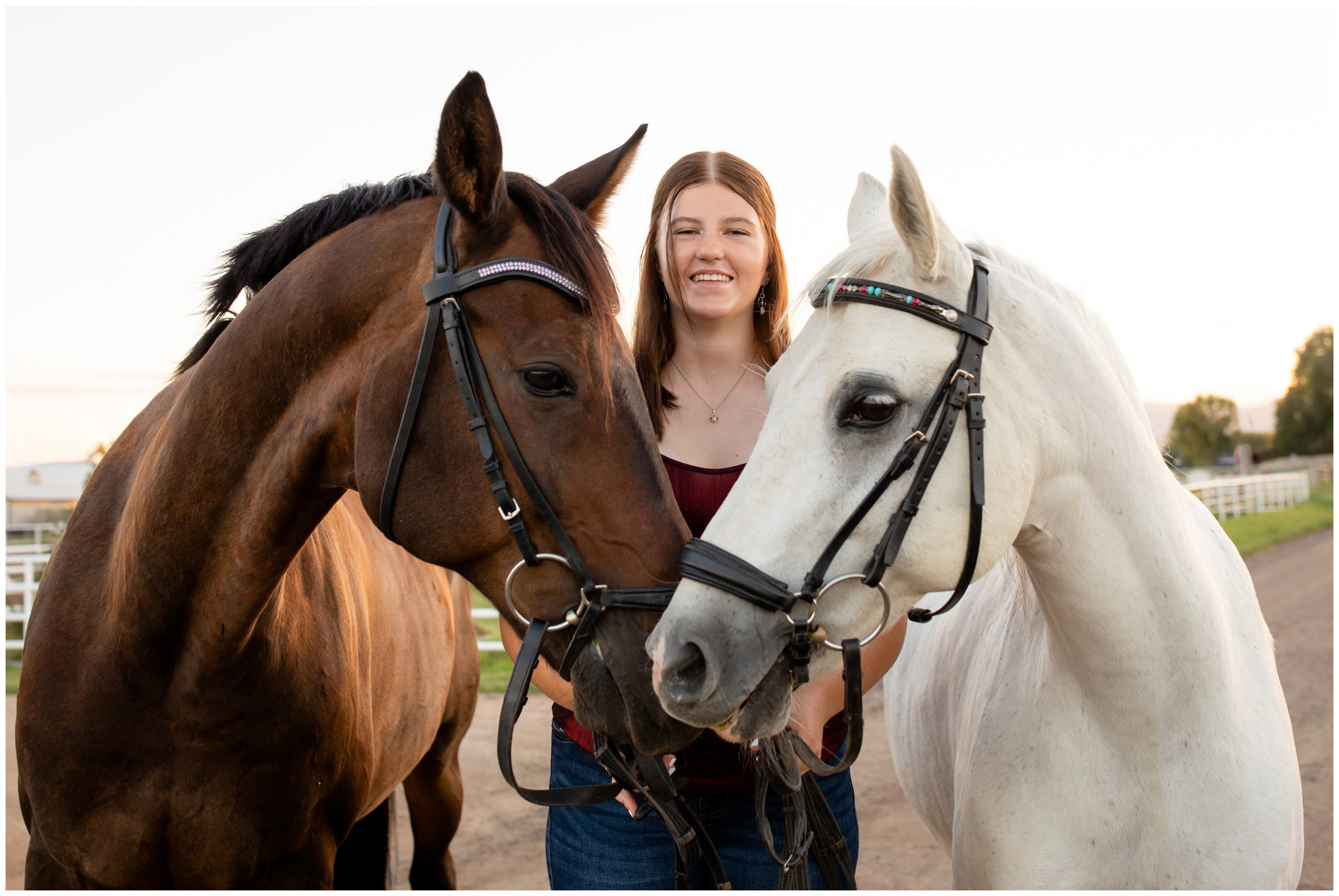 teen girl posing with two horses during senior photography session on a farm in Longmont Colorado 