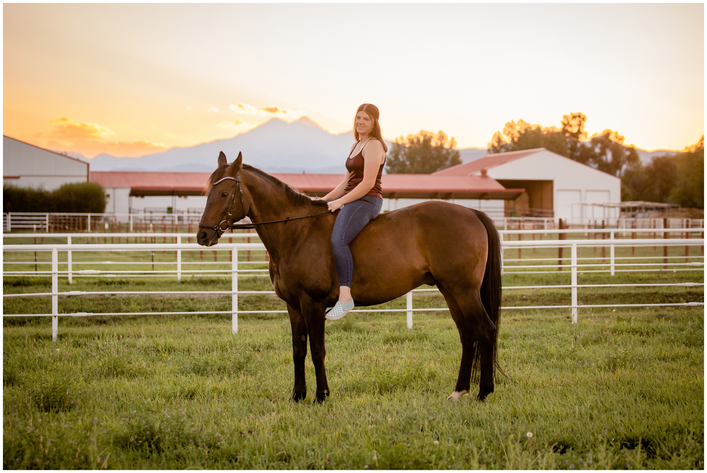teen sitting on horse at sunset during Colorado equestrian senior pictures in Longmont 