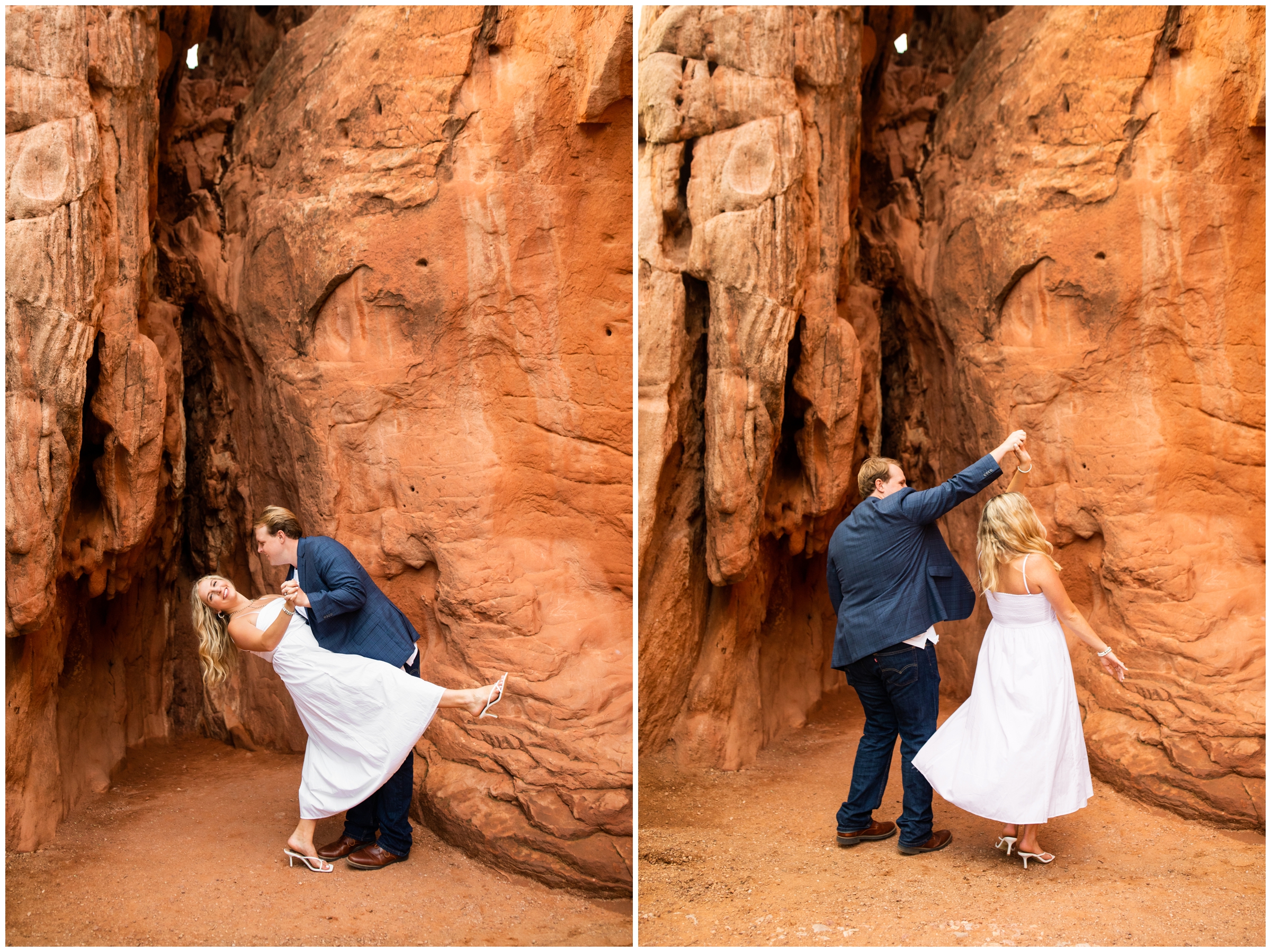 couple dancing beneath red rock formations at Garden of the Gods during Colorado Springs engagement portraits 