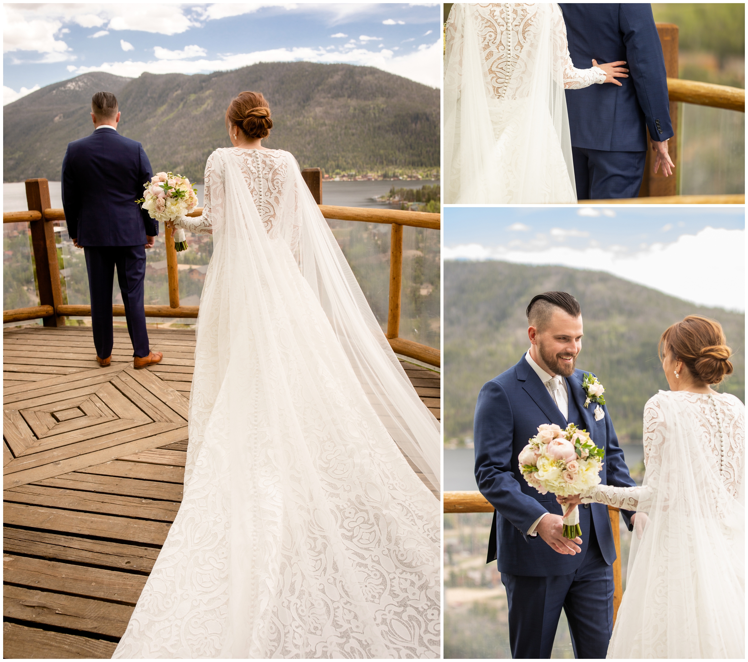 bride and groom's first look on wooden deck at Grand Lake Lodge wedding