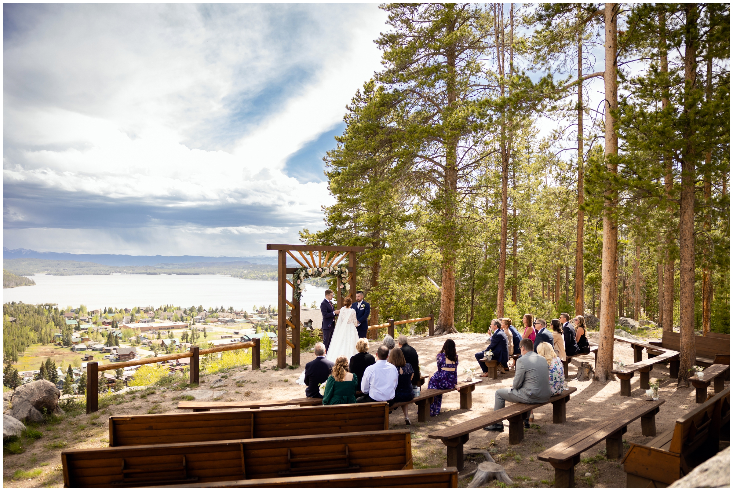 outdoor wedding ceremony overlooking lake at Grand Lake lodge wedding in Colorado 
