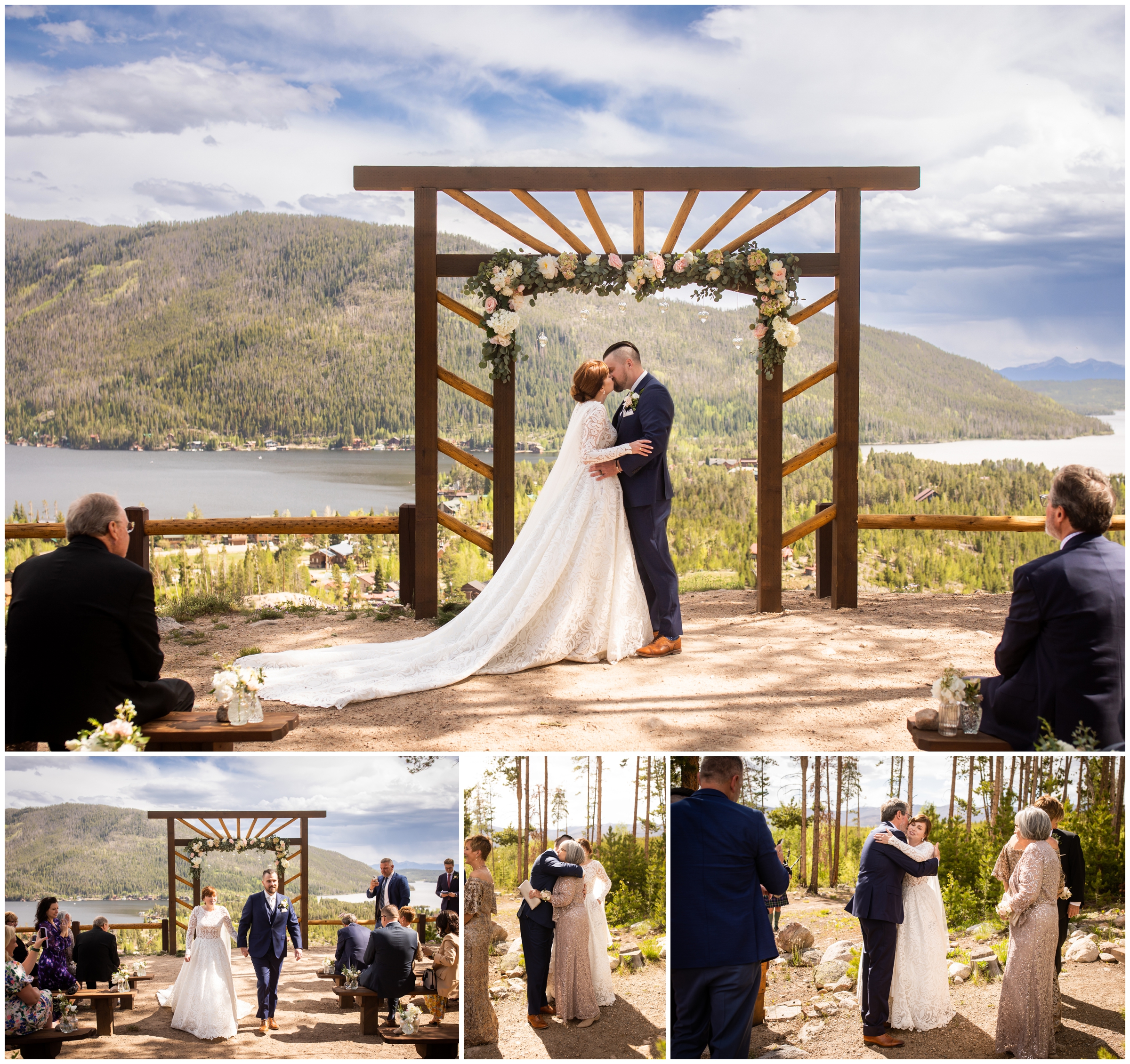 first kiss at outdoor ceremony overlooking Grand Lake in the Colorado mountains 