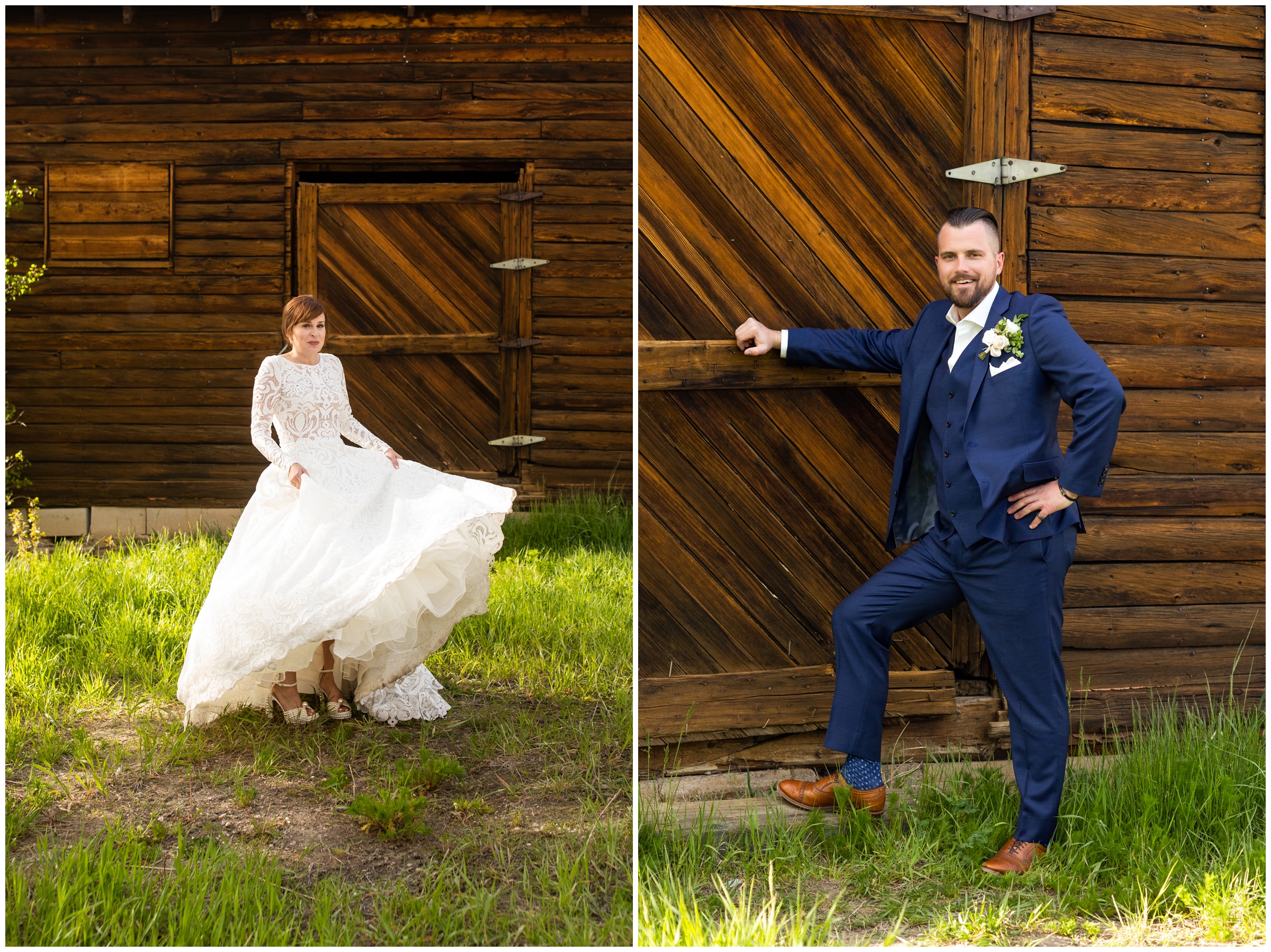 bride twirling in wedding dress in front of barn at rustic Colorado mountain wedding 
