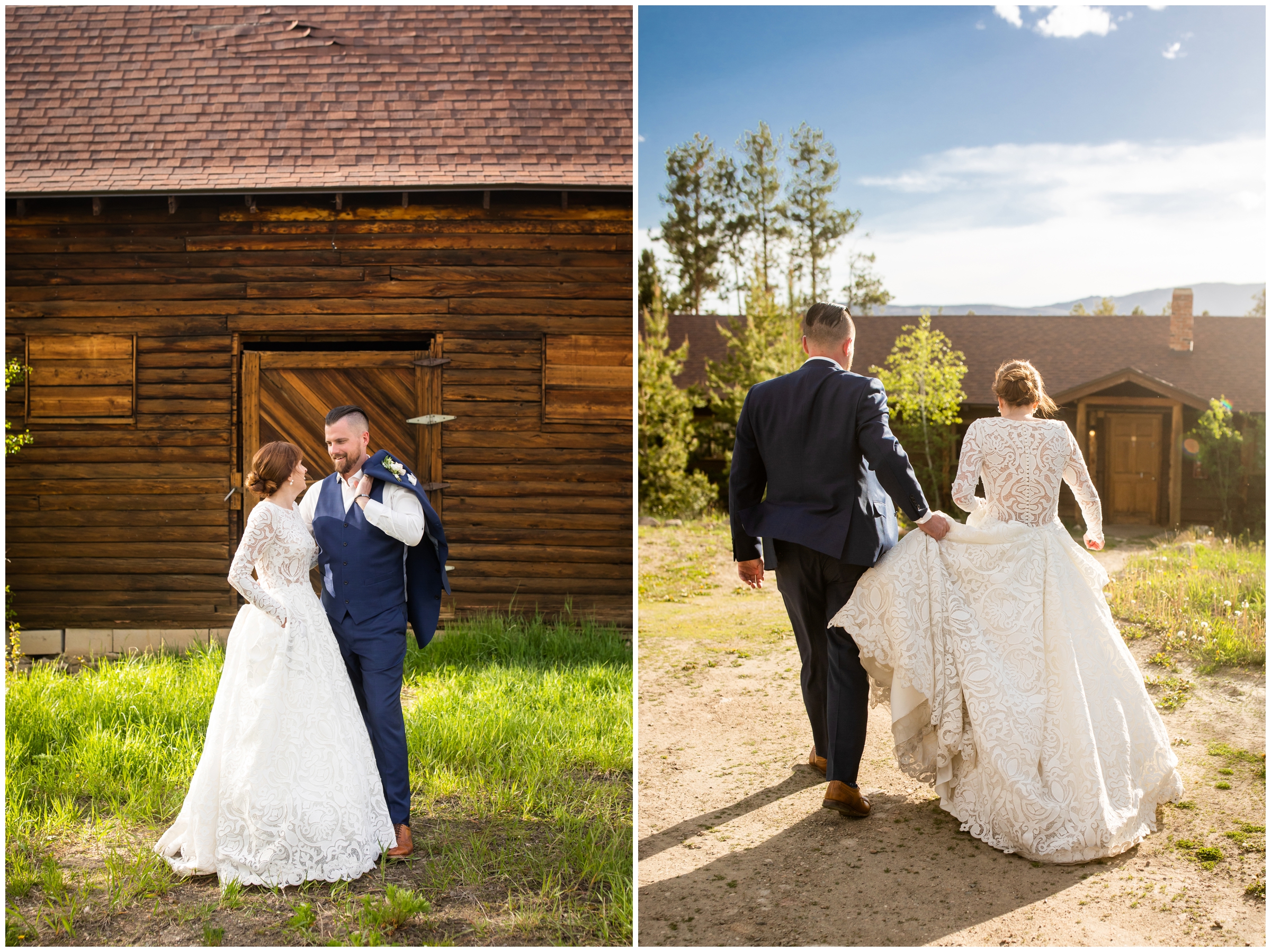bride and groom walking during candid Colorado wedding pictures at Grand Lake Lodge