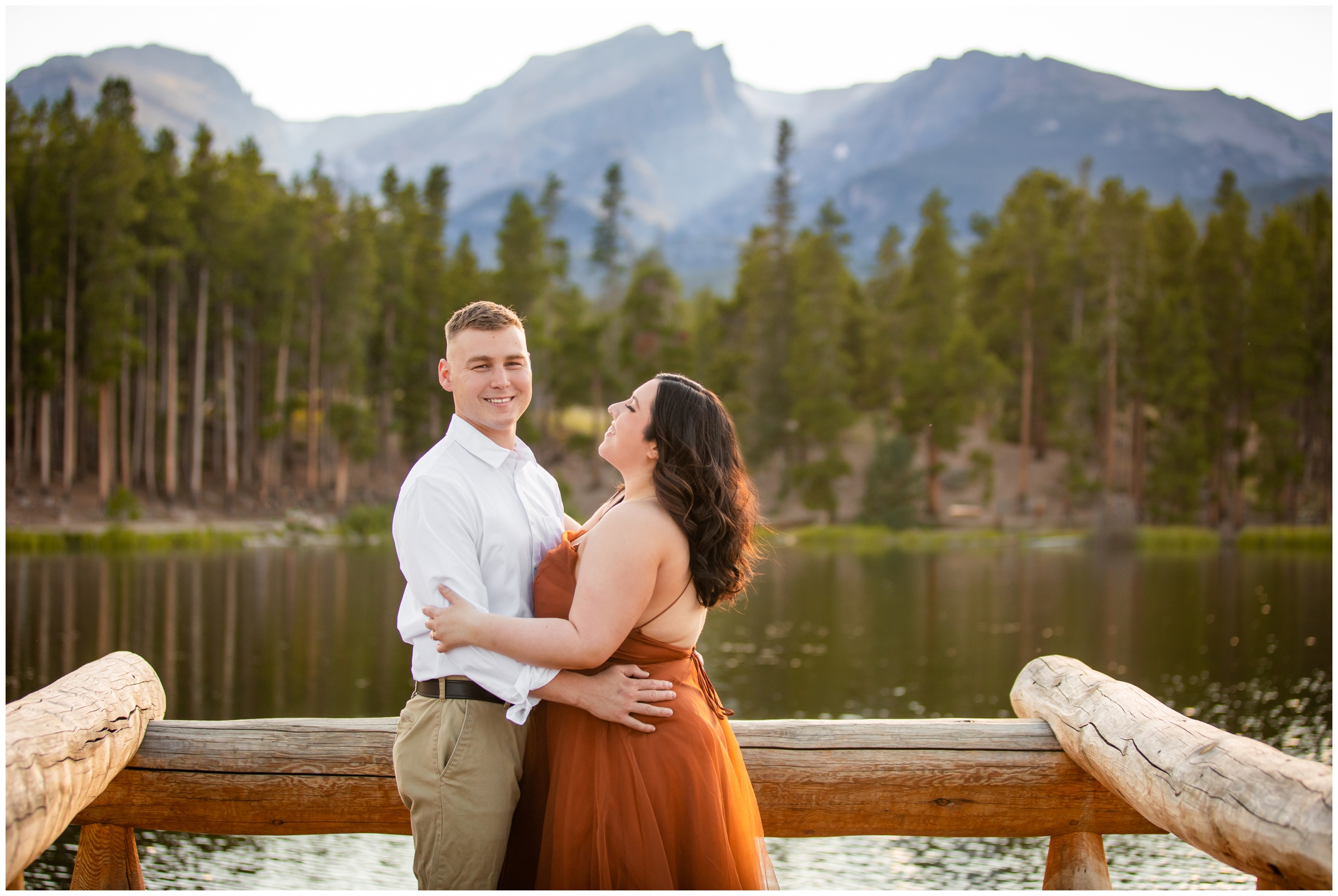 Estes Park mountain couples photos on the dock of Sprague Lake