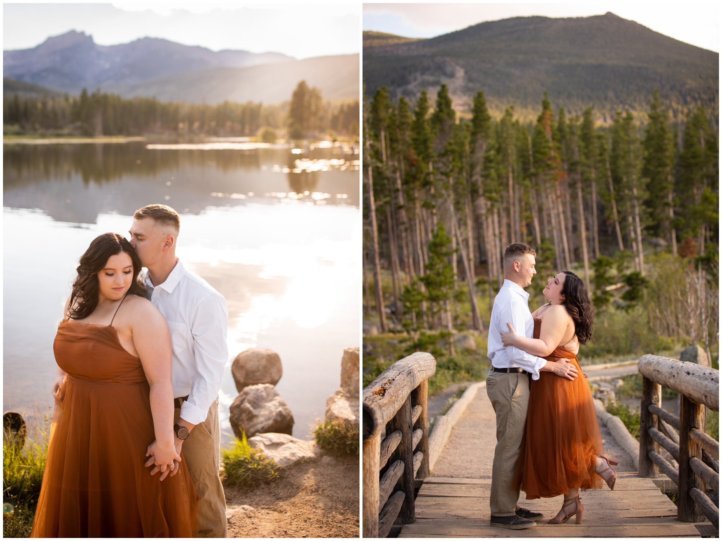 couple embracing during Estes Park Colorado lake engagement photos in RMNP