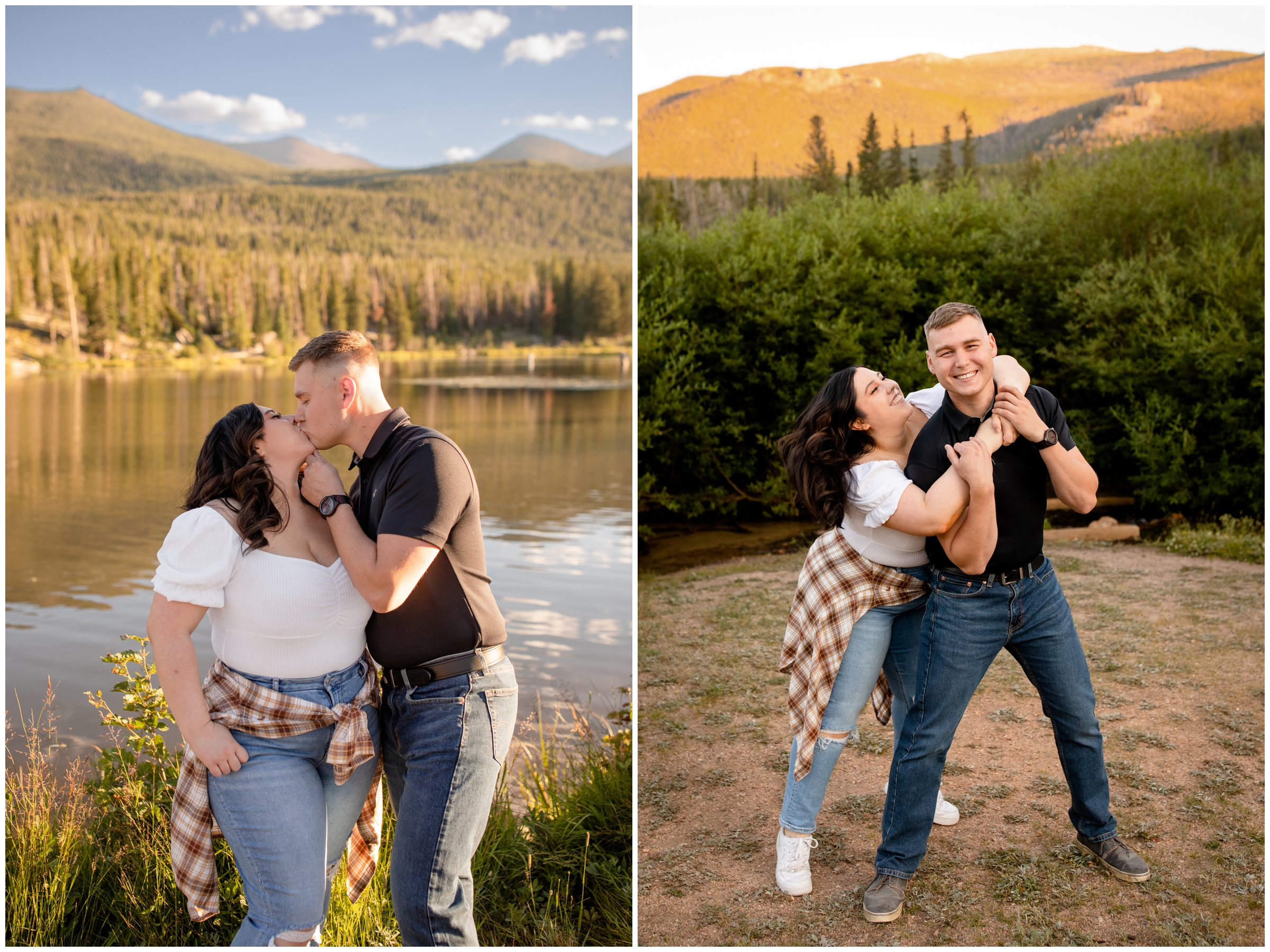 fun candid engagement pictures at Sprague Lake in Estes Park Colorado